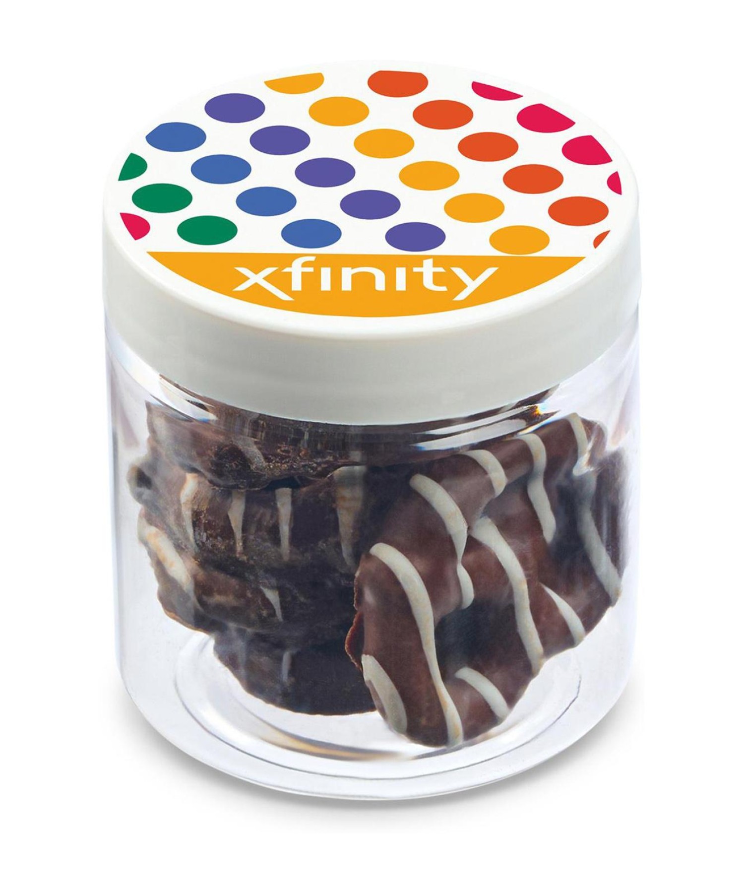 Union Printed - 8 oz jar of chocolate dipped striped pretzels with a full color imprint on the lid
