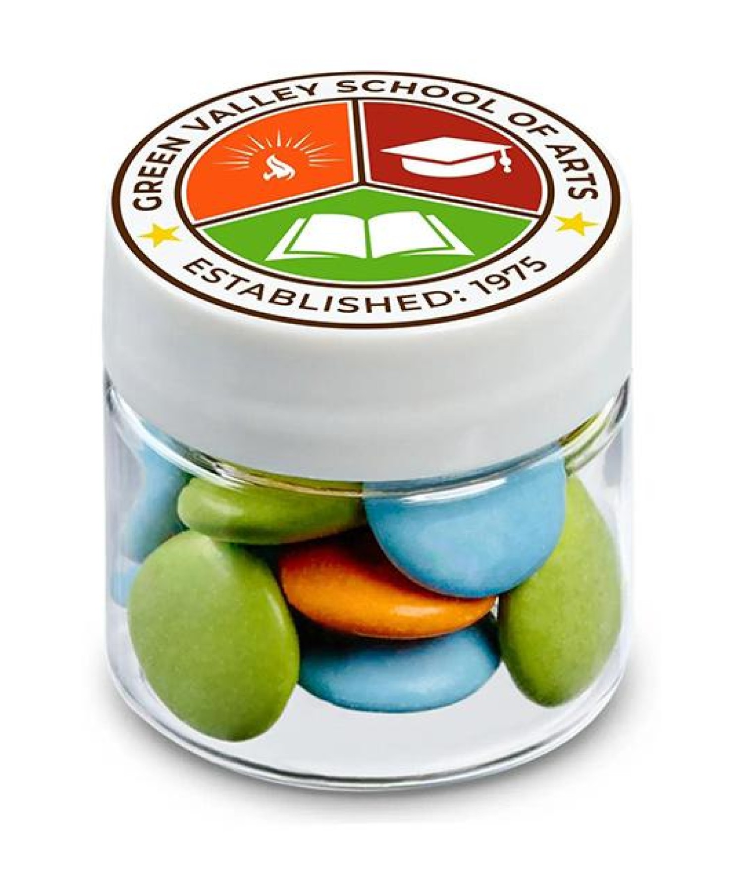 Union Printed - 1/2 oz jar of colorful chocolate lentils with a full color imprint on the lid