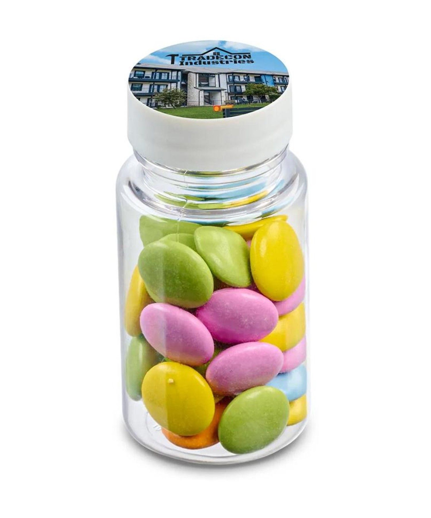 Union Printed - 1.3 oz jar of colorful chocolate lentils with a full color imprint on the lid