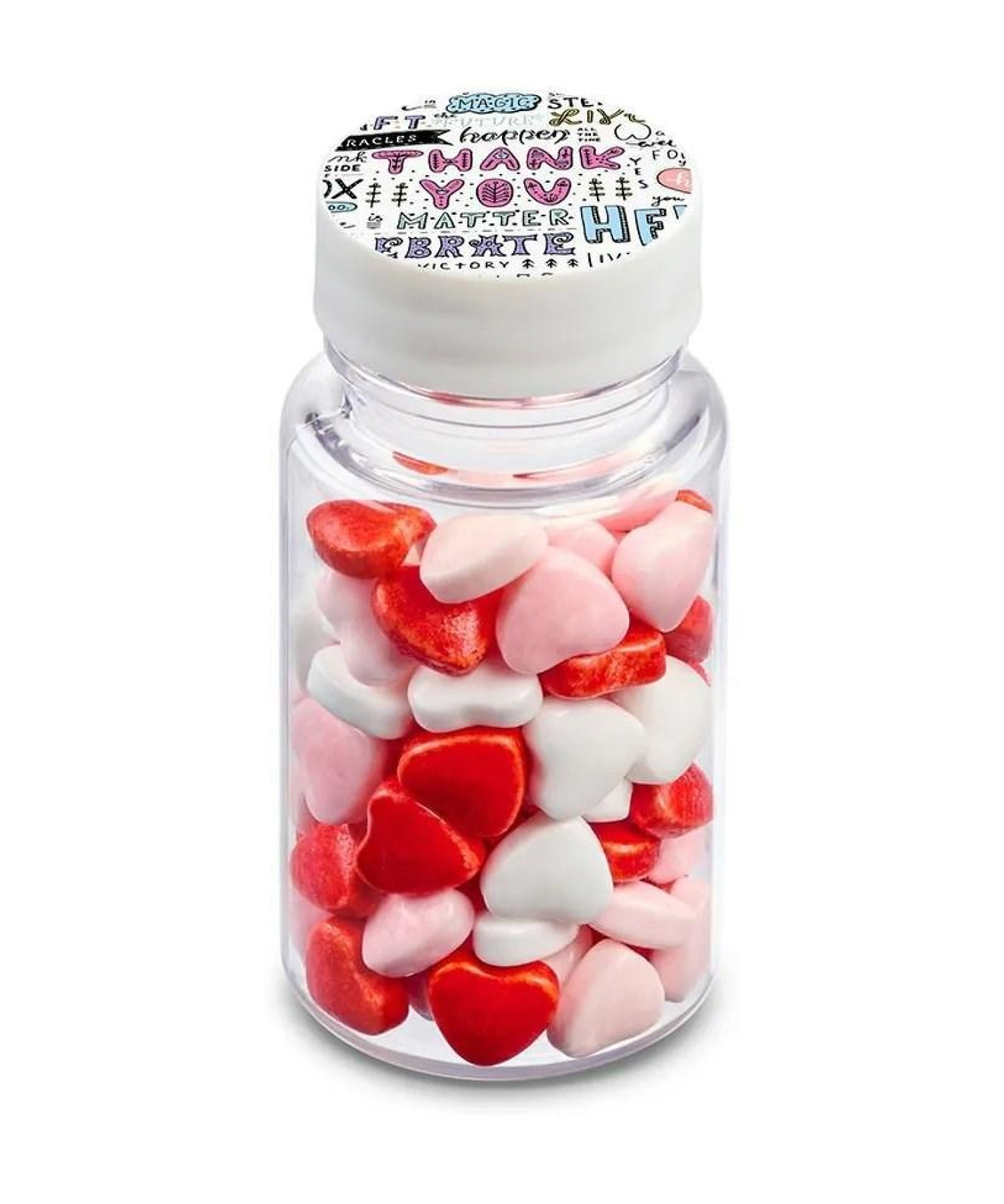 Union Printed - 1.3 oz bottle of mini candy hearts with a full color imprint on the lid