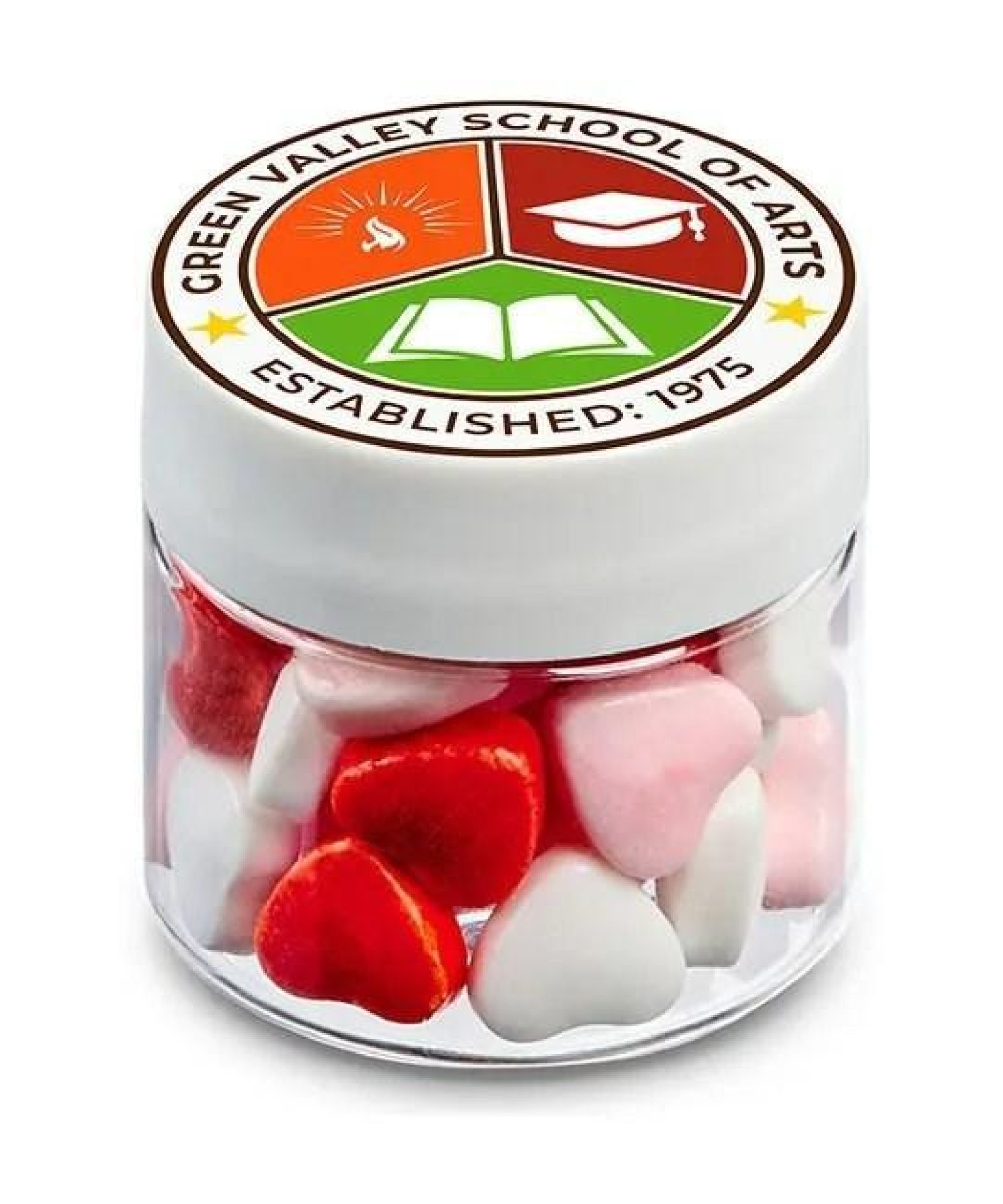 Union Printed - 1/2 oz jar of mini candy hearts with a full color imprint on the lid