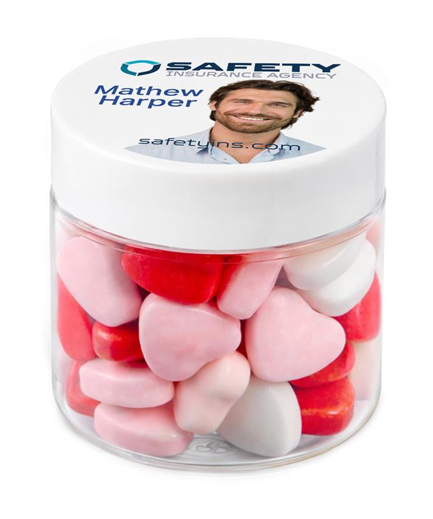 Union Printed - 1 oz jar of mini hearts candy with a full color imprint on the lid