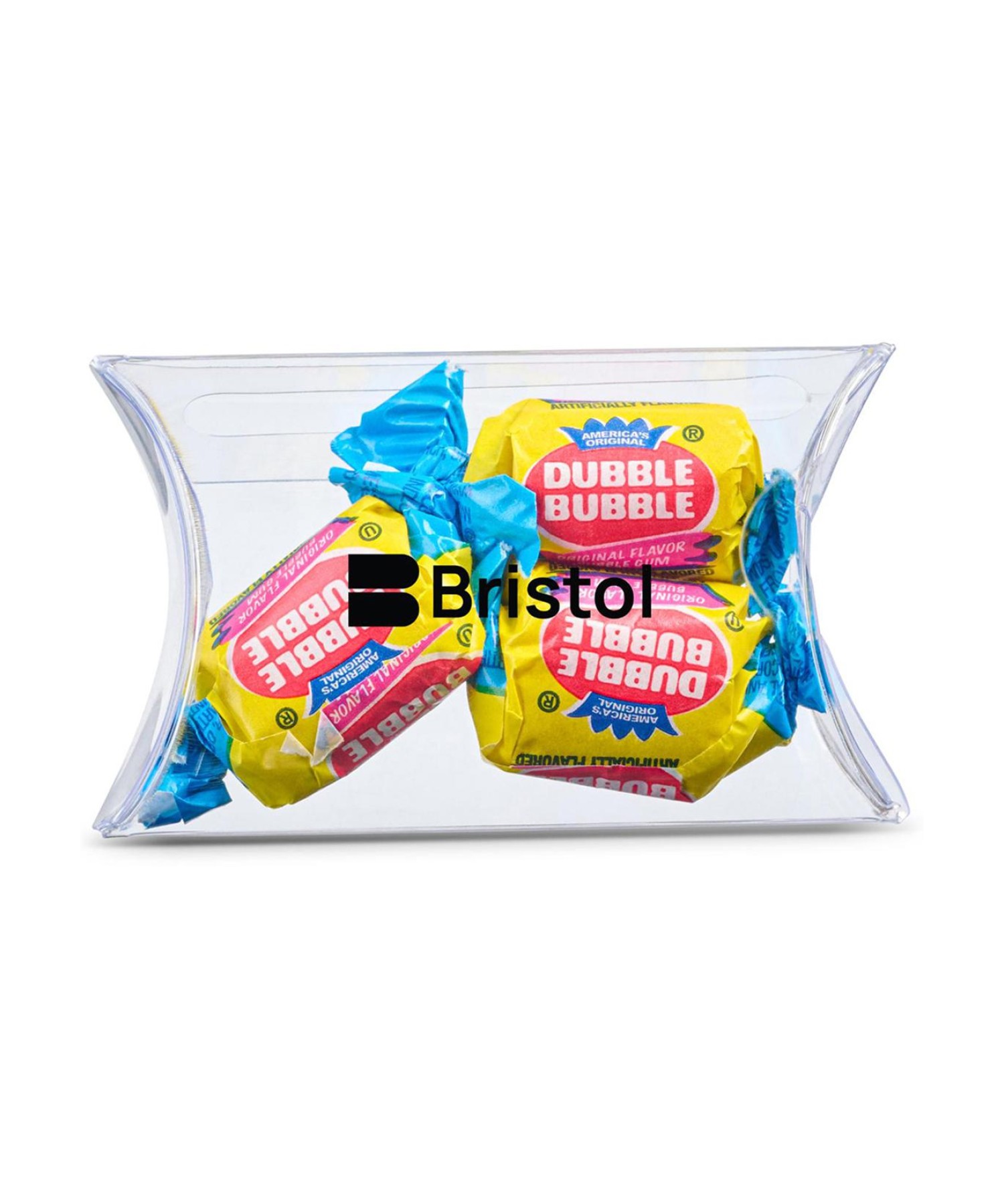 Union Printed - 3" pillow box of individually wrapped bubble gum with a full color logo imprint on the box