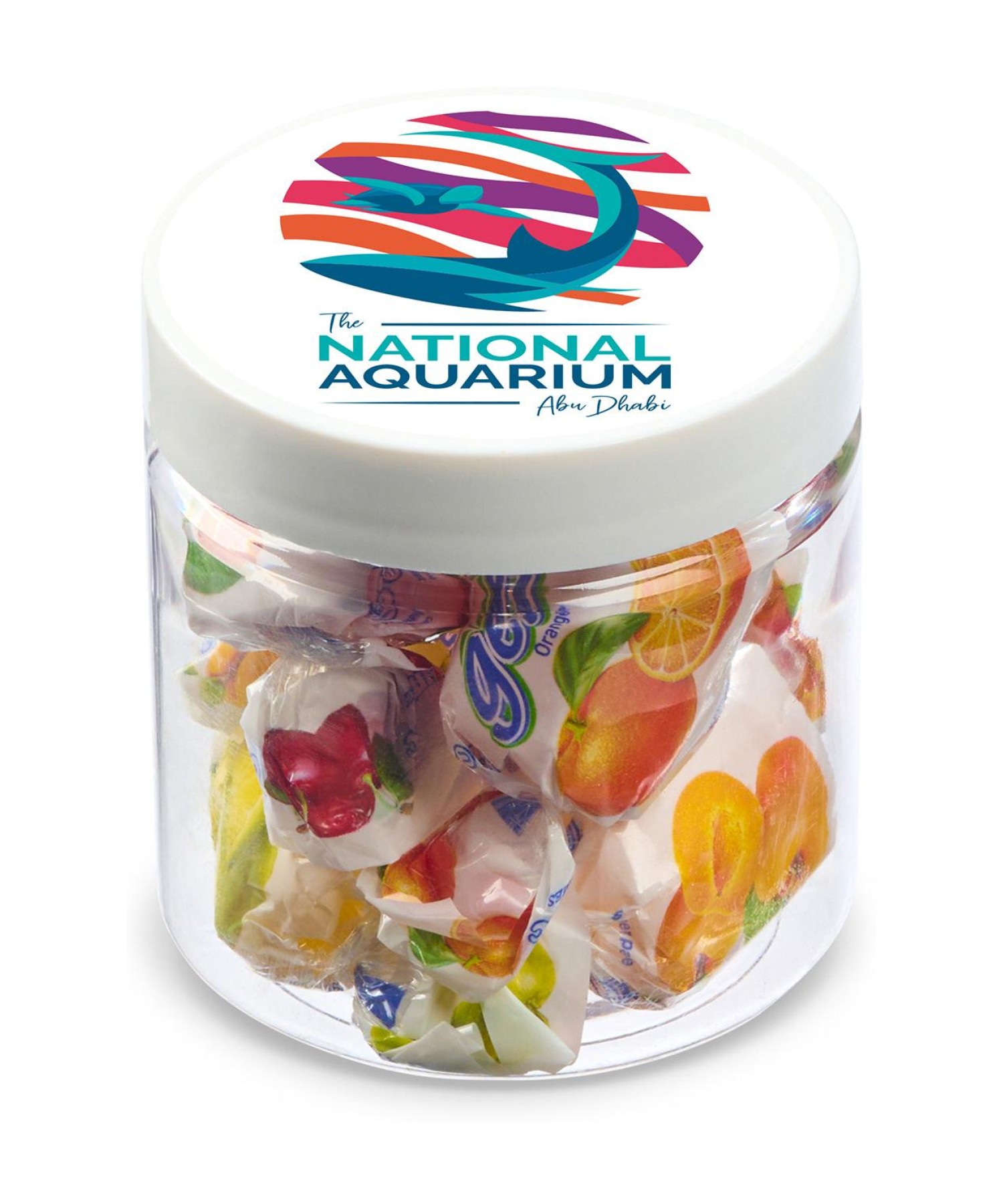 Union Printed - 4 oz clear jar of individually wrapped Gelo fruit juice candies with a full color imprint on the lid