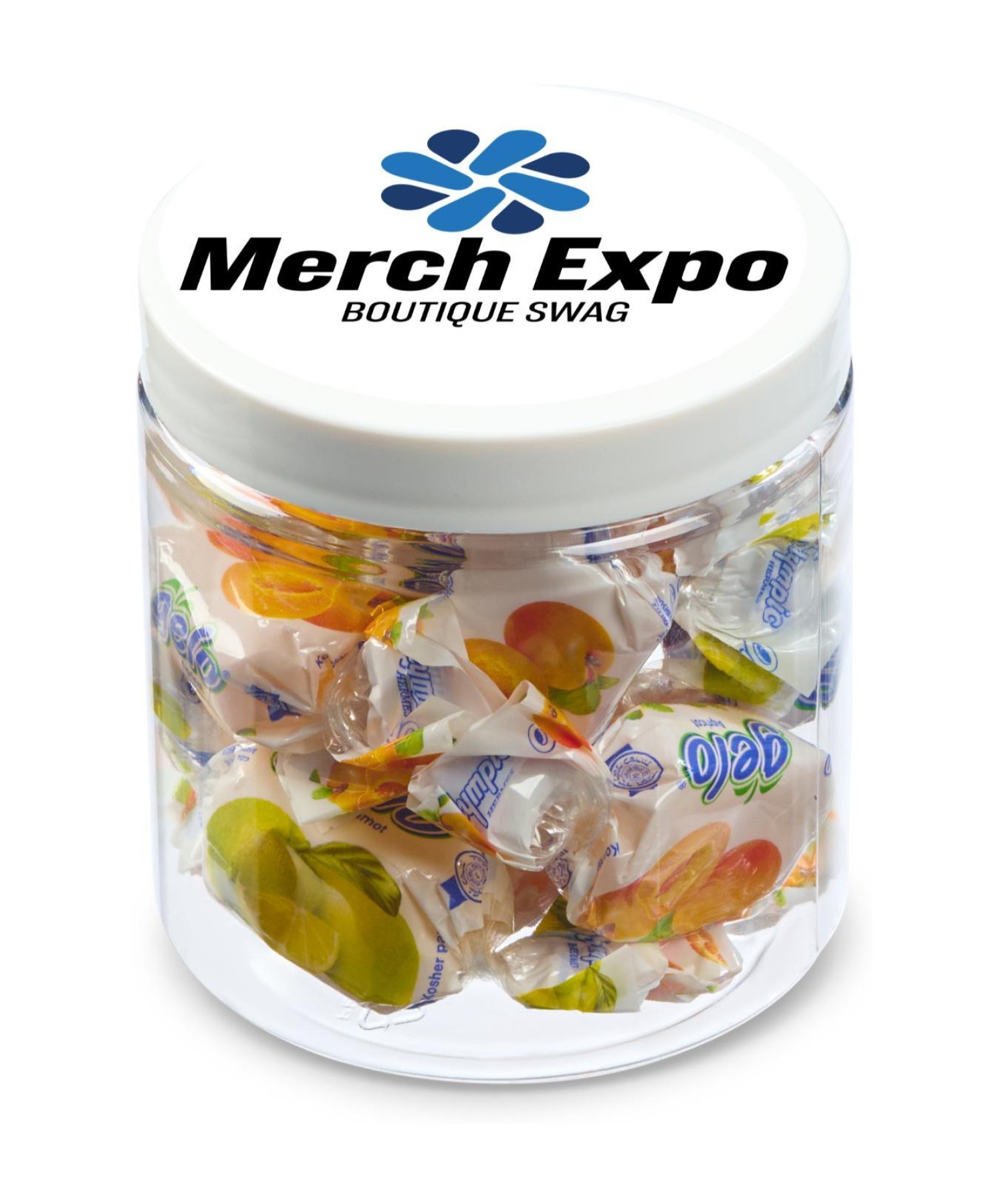 Union Printed - 8 oz clear jar of individually wrapped Gelo fruit juice candies with a full color imprint on the lid