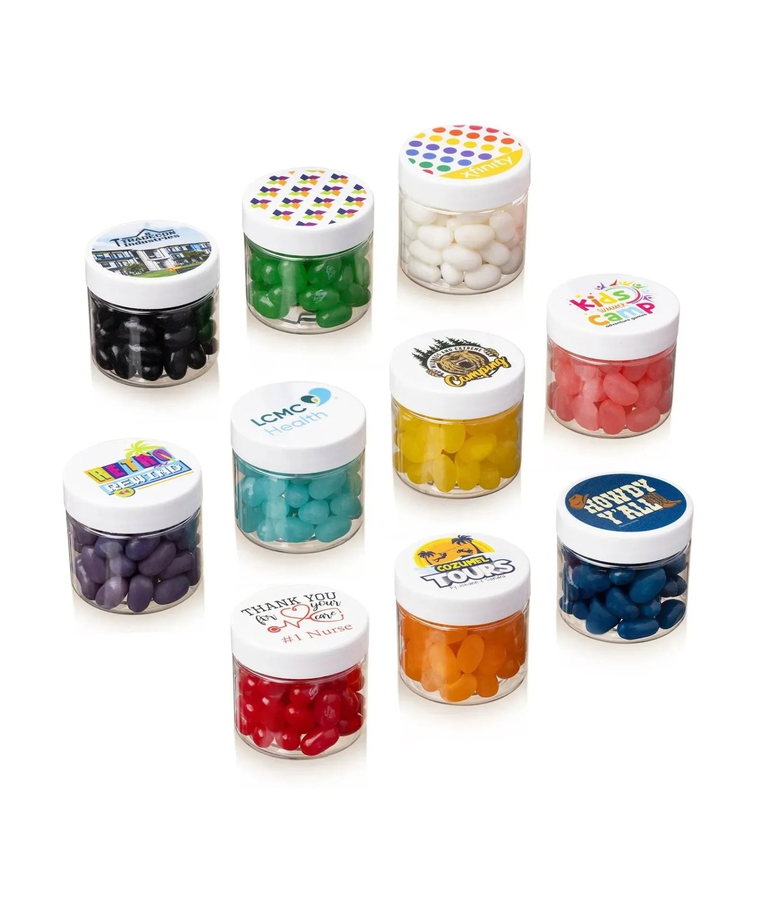 Union Printed - 2 oz clear jar of colorful jelly beans with a full color imprint on the lid