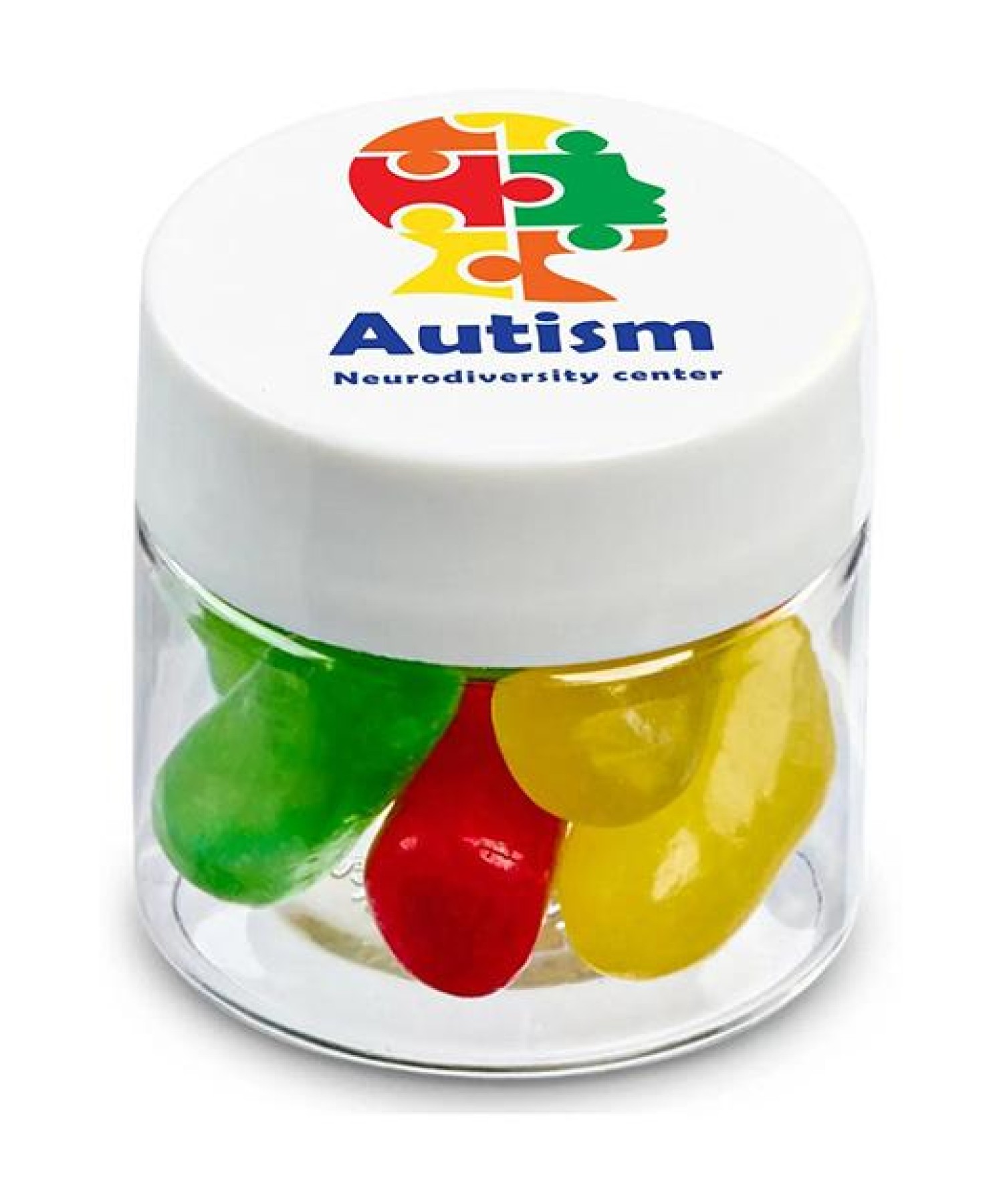Union Printed - 1/2 oz clear jar of Mike & Ike jelly beans with a full color imprint on the lid