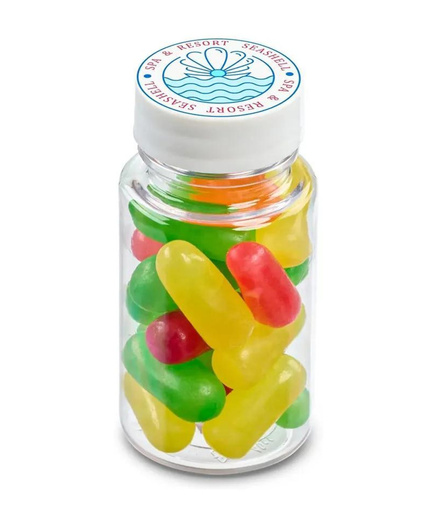 Union Printed - 1.3 oz clear jar of Mike & Ike jelly beans with a full color imprint on the lid