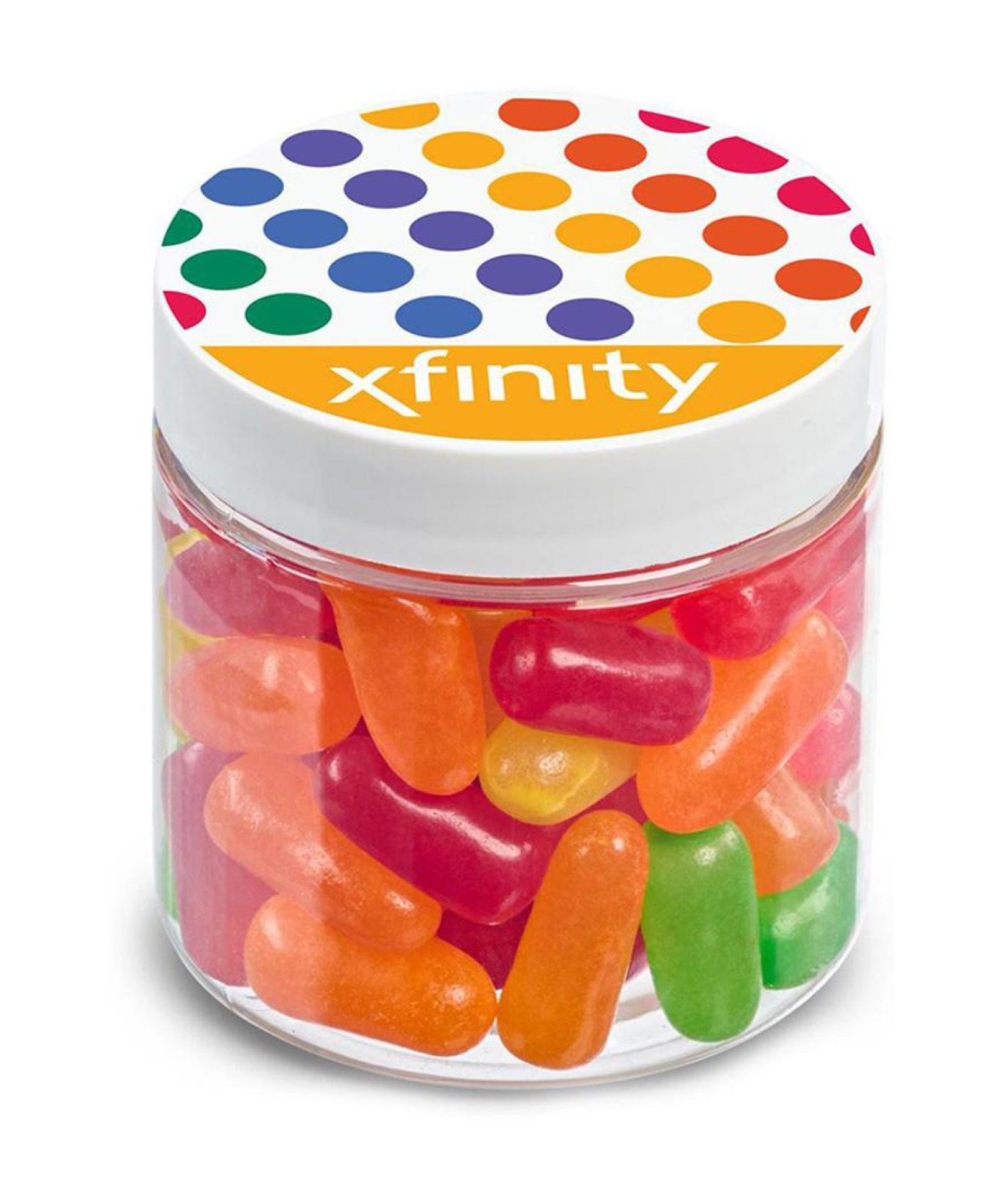 Union Printed - 2 oz clear jar of Mike & Ike jelly beans with a full color imprint on the lid