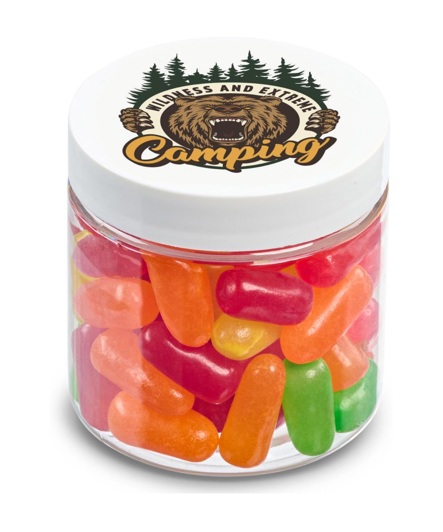 Union Printed - 4 oz clear jar of Mike & Ike jelly beans with a full color imprint on the lid
