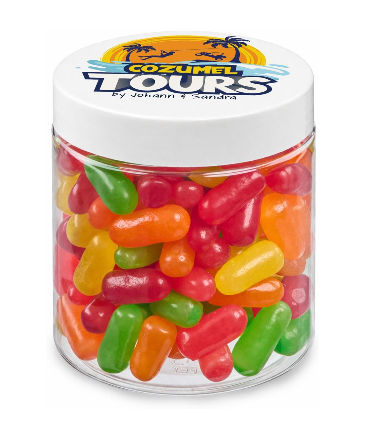 Union Printed - 8 oz clear jar of Mike & Ike jelly beans with a full color imprint on the lid