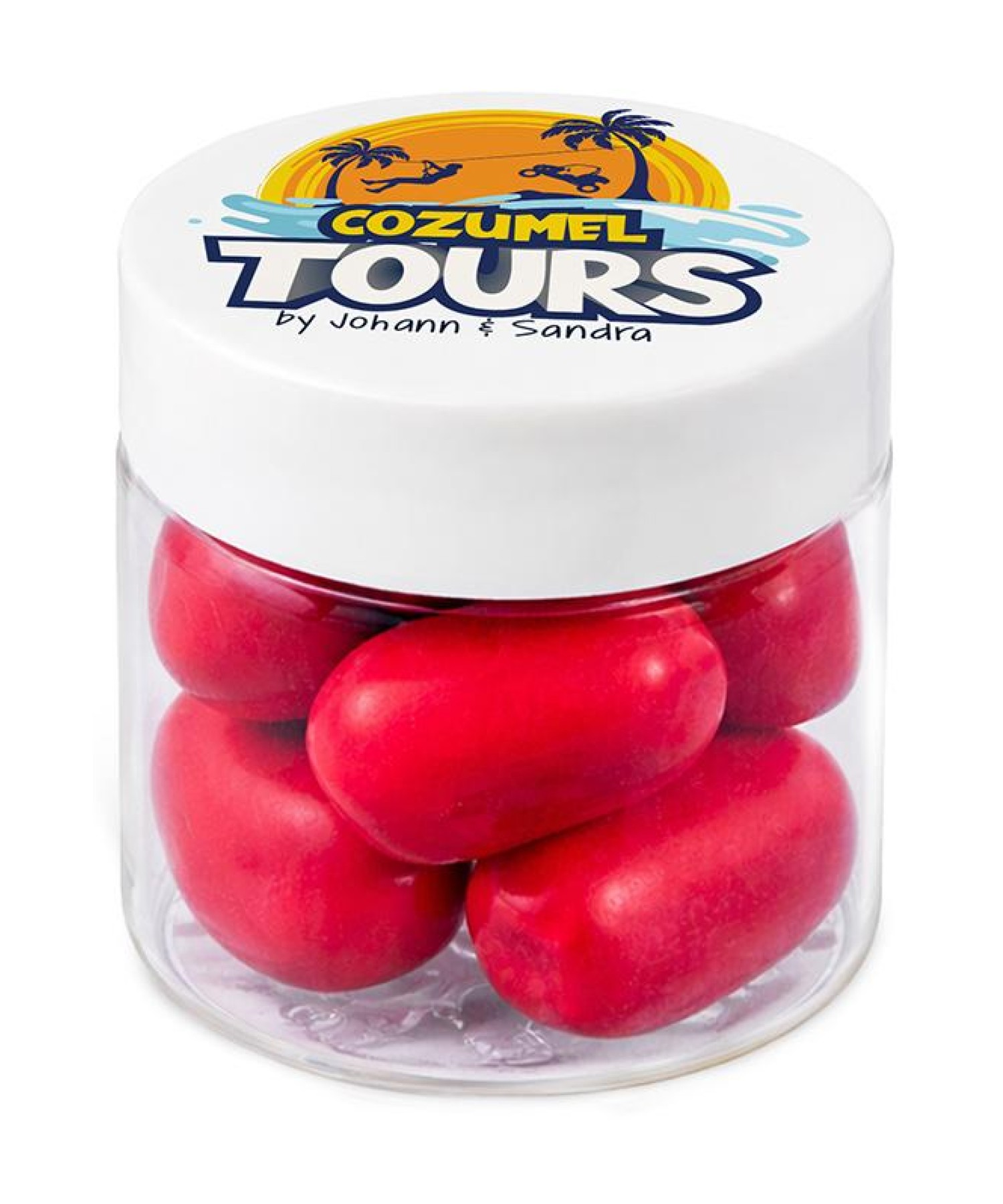 Union Printed - 1 oz clear jar of Bala chewy candy with a full color imprint on the lid