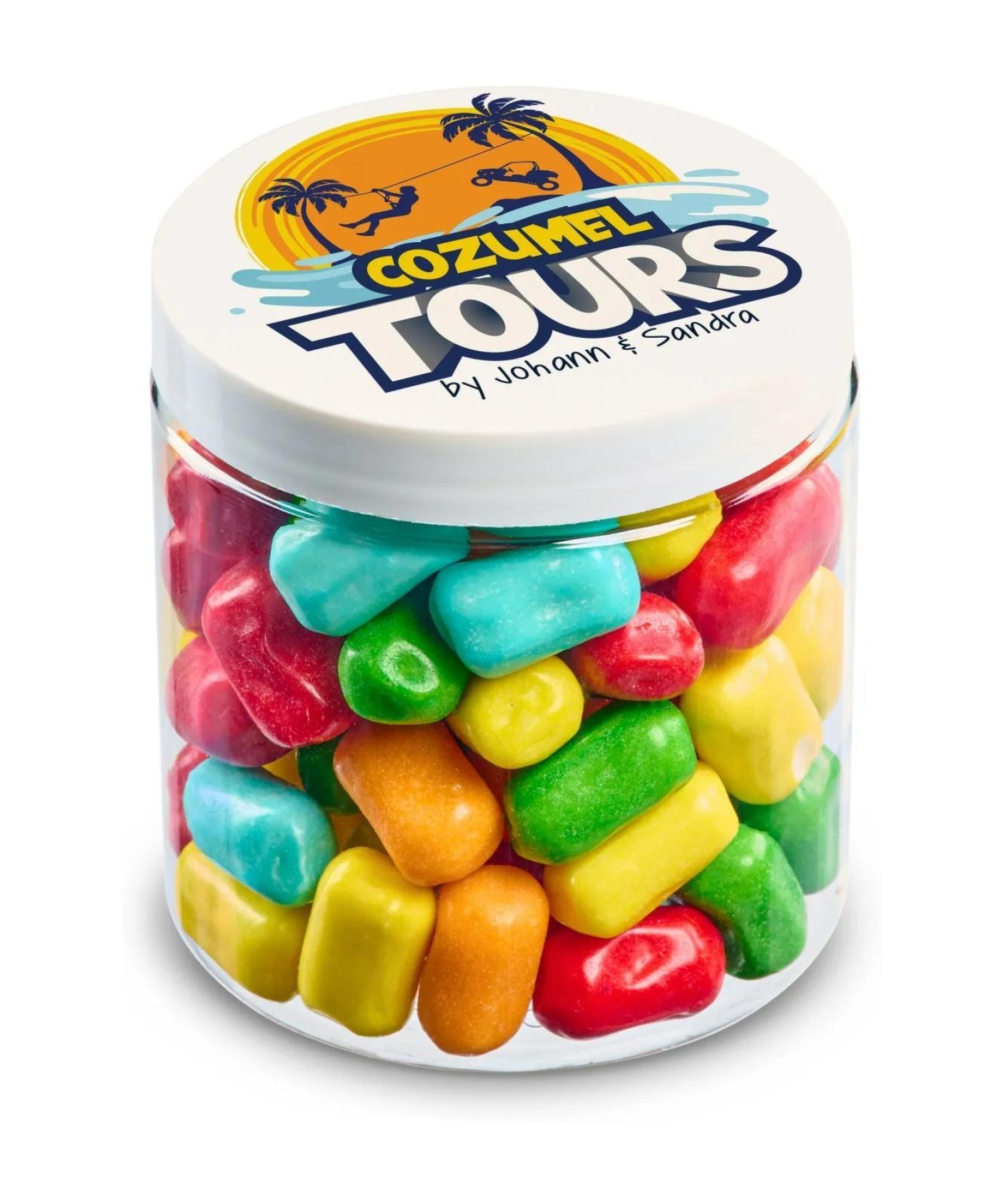 Union Printed - 8 oz clear jar of Bala chewy candy with a full color imprint on the lid
