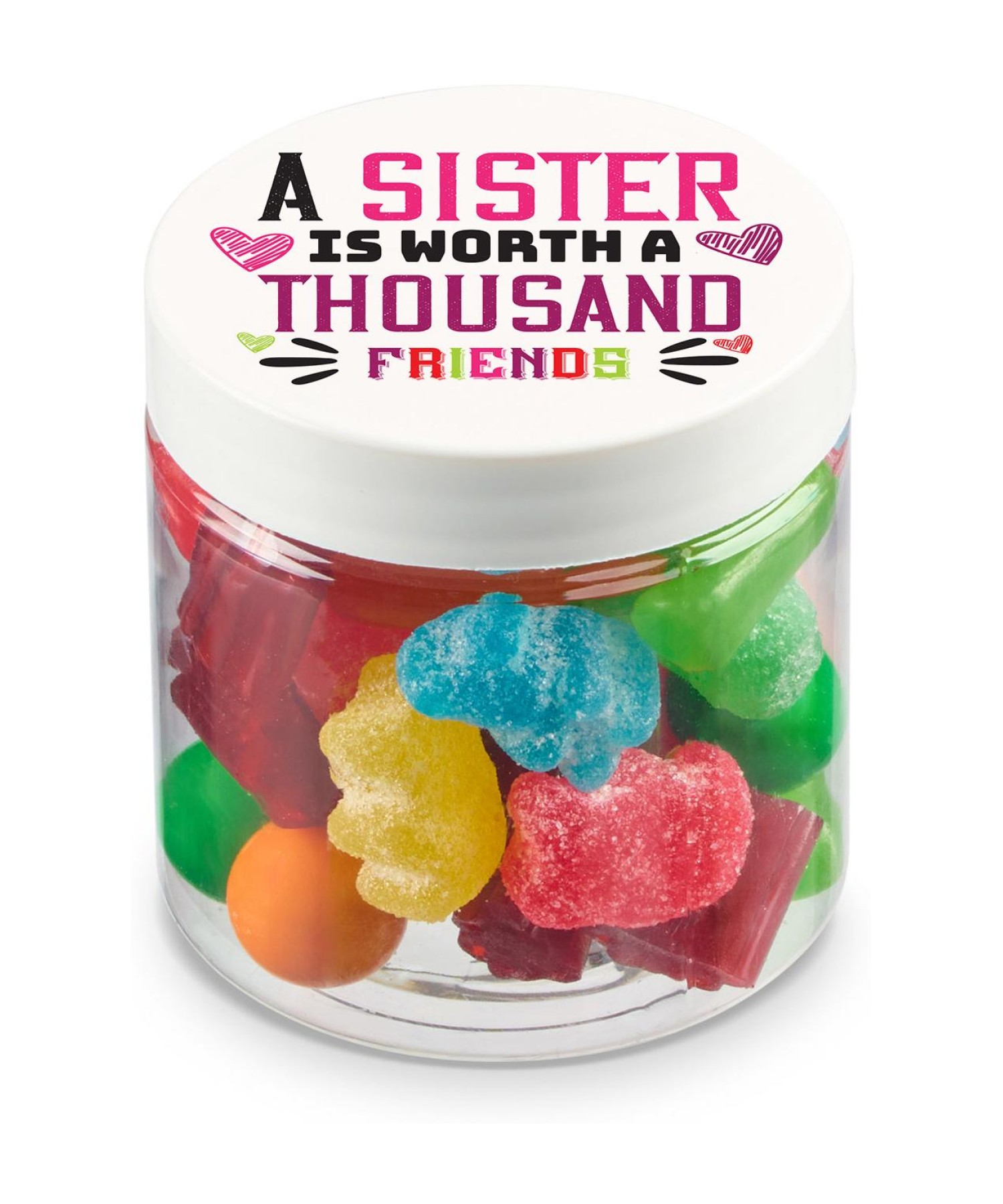Union Printed - 4 oz clear jar of a candy salad mix of gummy bears, chewy fruit candies, gumballs, candy corn and licorice twists with a full color imprint on the lid