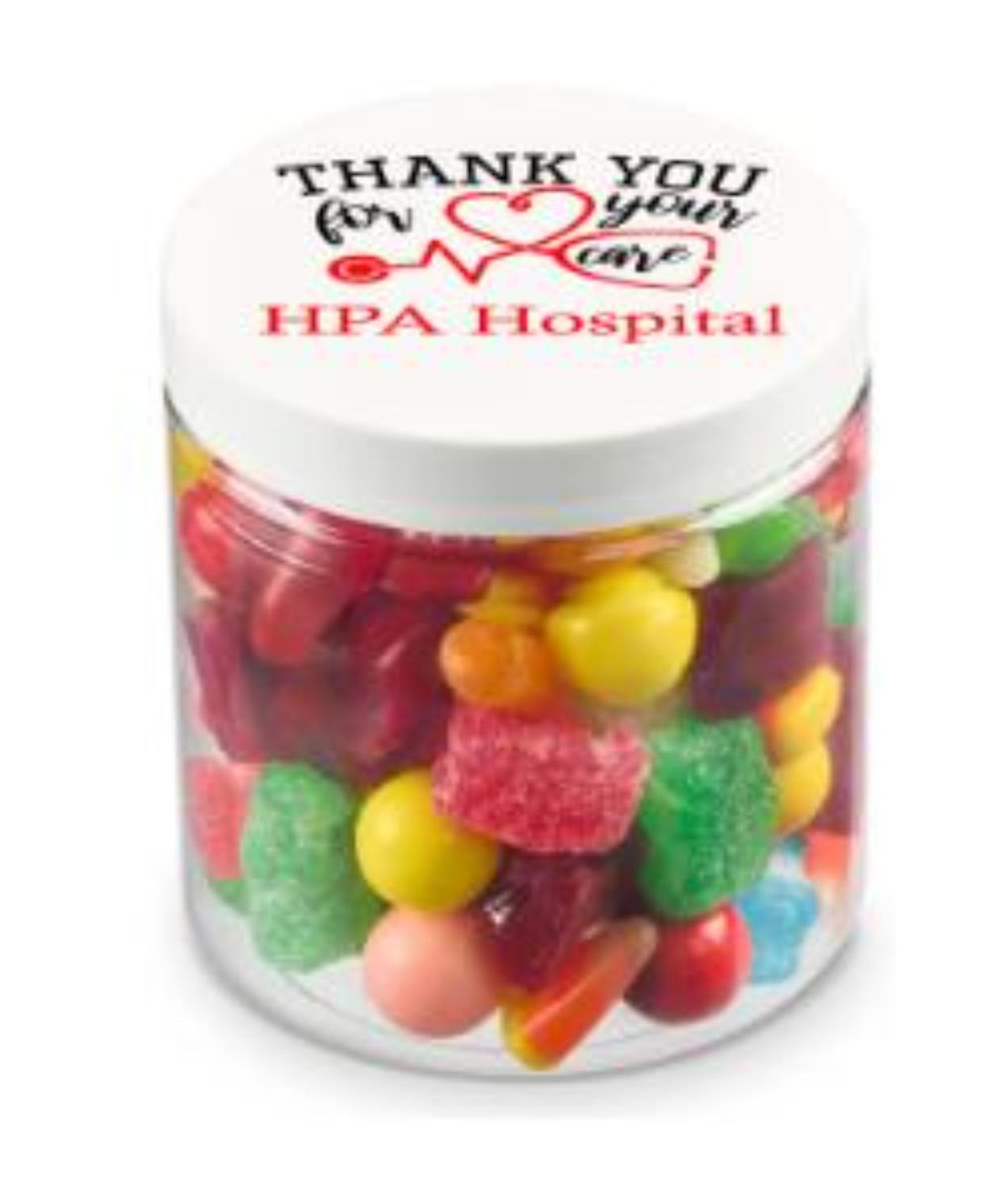 Union Printed - 8 oz clear jar of a candy salad mix of gummy bears, chewy fruit candies, gumballs, candy corn and licorice twists with a full color imprint on the lid