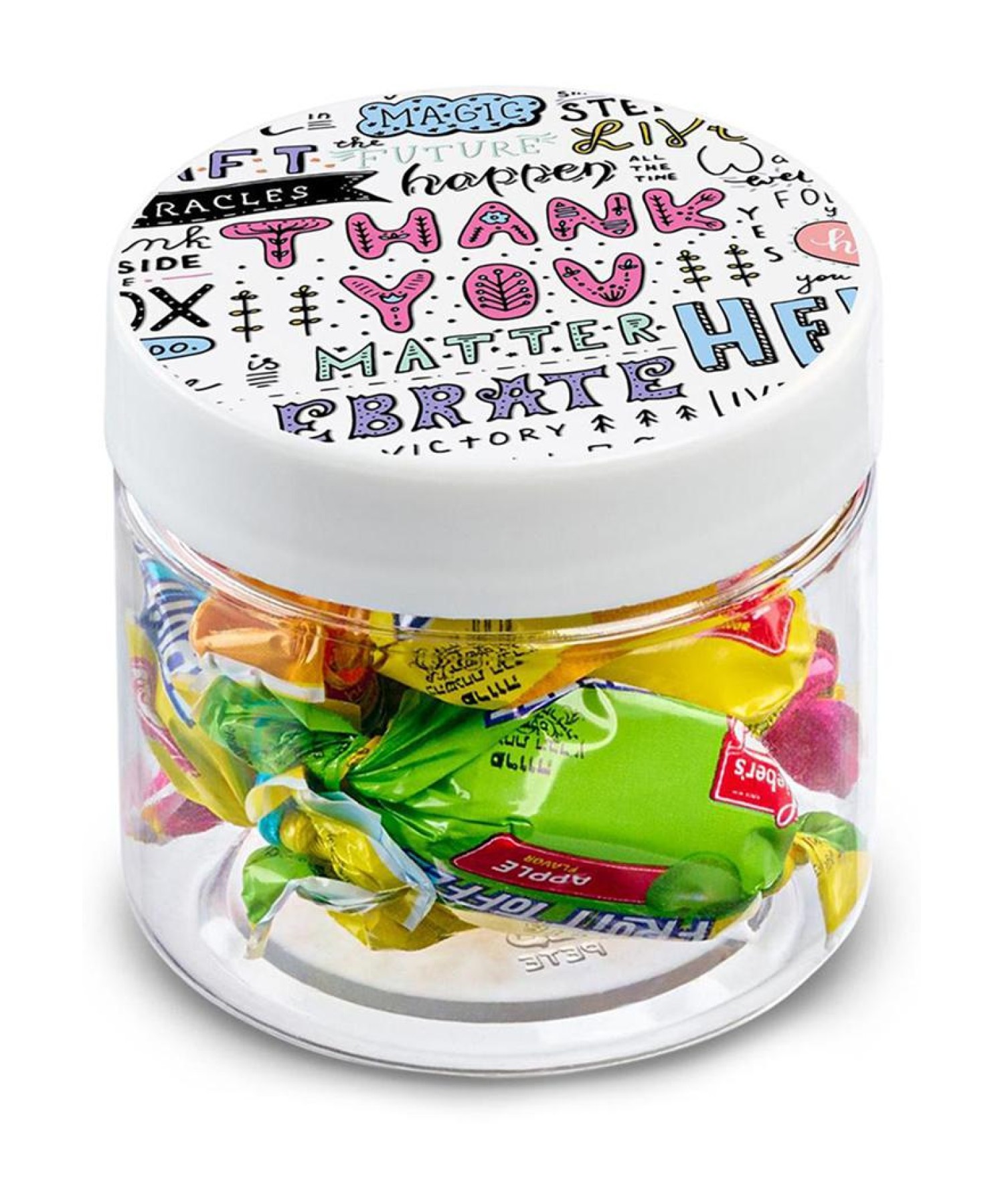 Union Printed - 2 oz clear jar of individually wrapped fruit toffee with a full color imprint on the lid