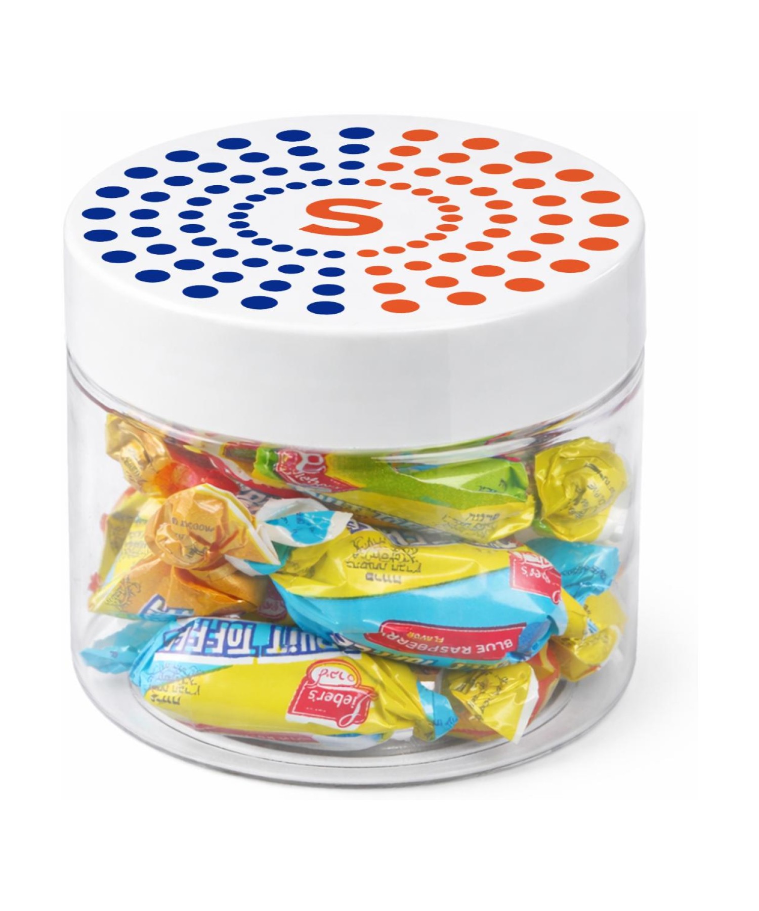 Union Printed - 4 oz clear jar of individually wrapped fruit toffee with a full color imprint on the lid