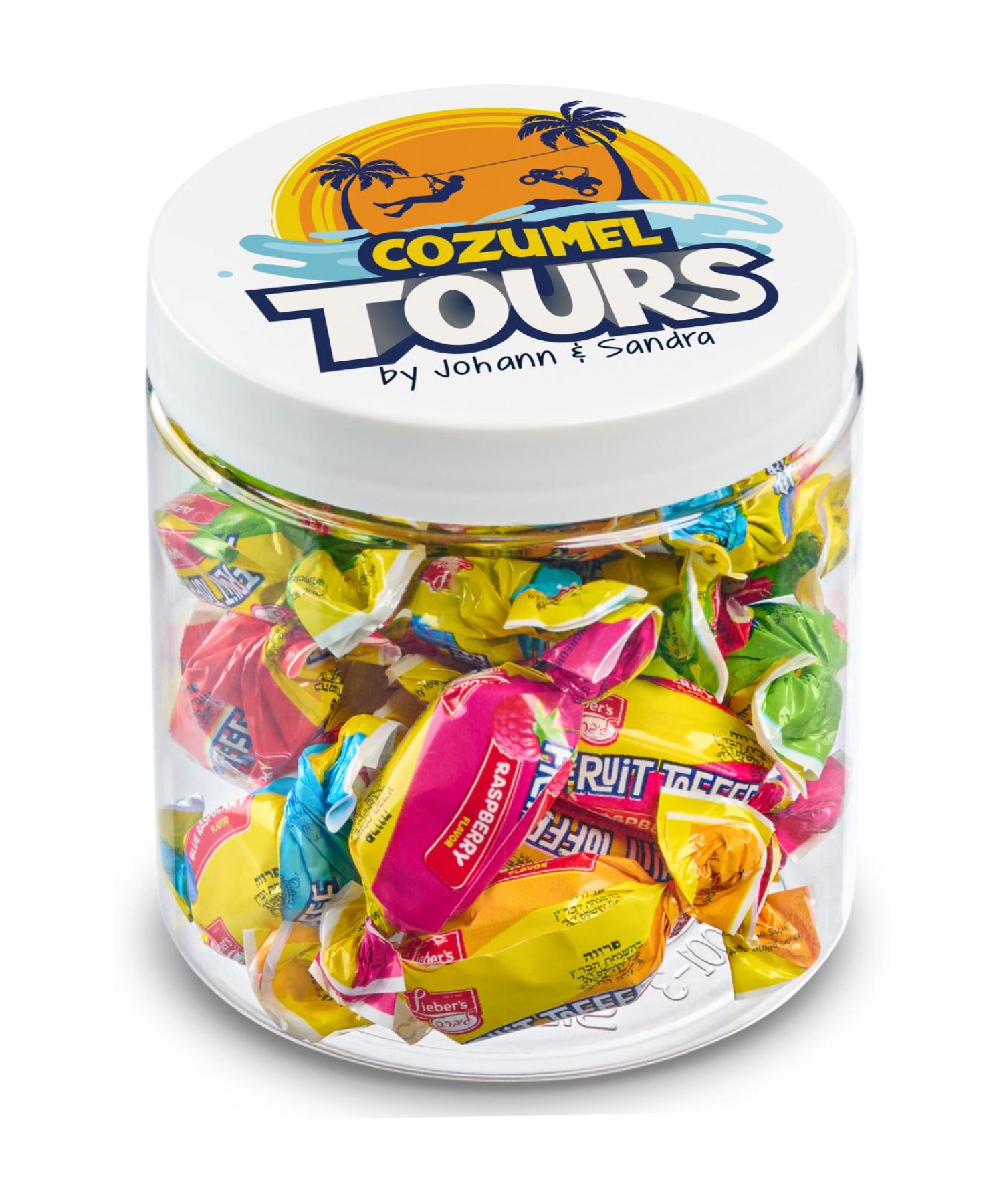 Union Printed - 8 oz clear jar of individually wrapped fruit toffee with a full color imprint on the lid