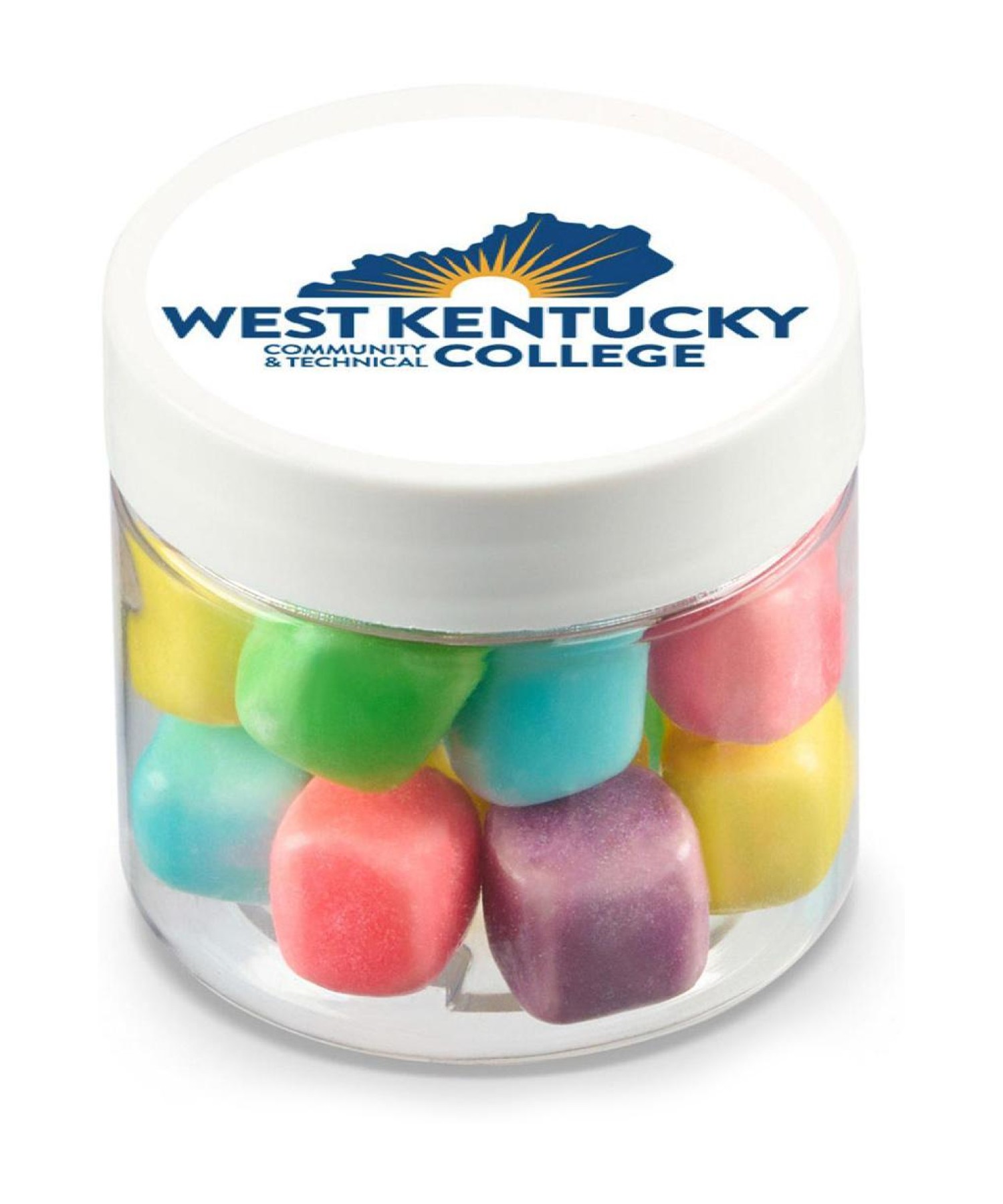 Union Printed - 2 oz clear jar of mini candy covered marshmallows with a full color imprint on the lid