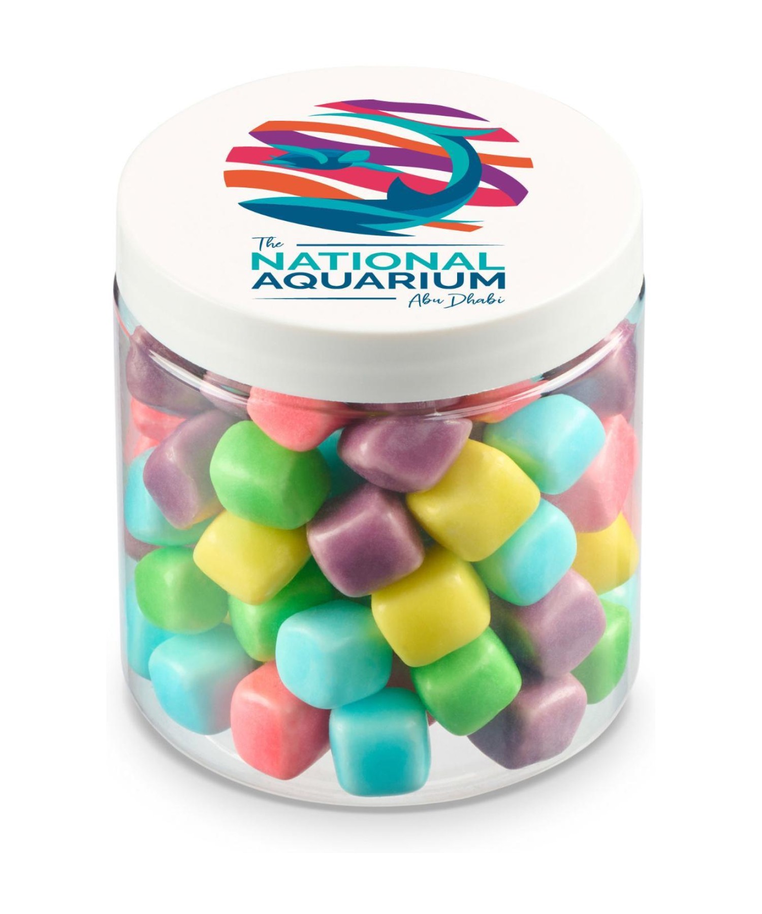 Union Printed - 8 oz clear jar of mini candy covered marshmallows with a full color imprint on the lid