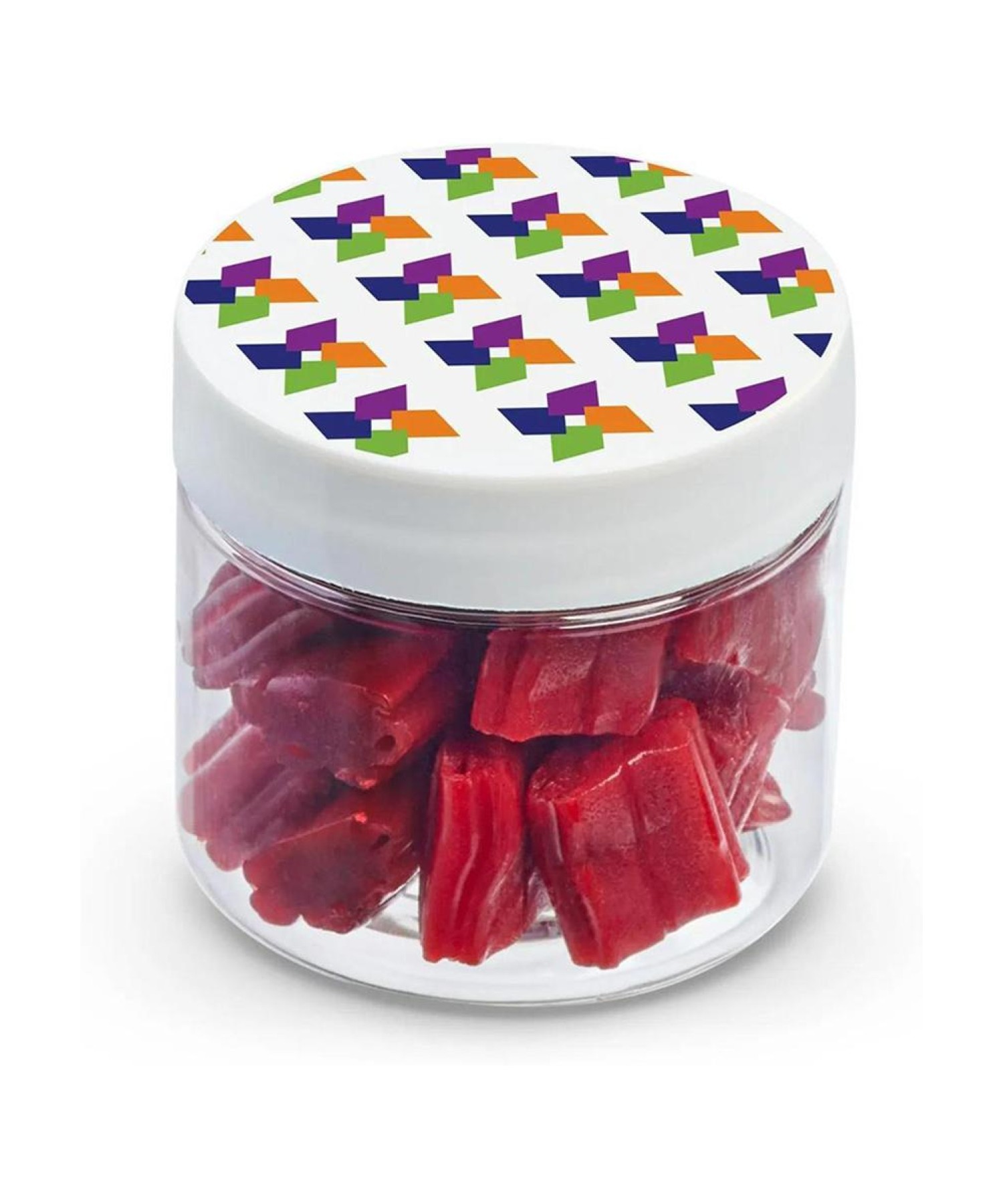 Union Printed - 2 oz clear jar of mini strawberry licorice bites with a full color imprint on the lid
