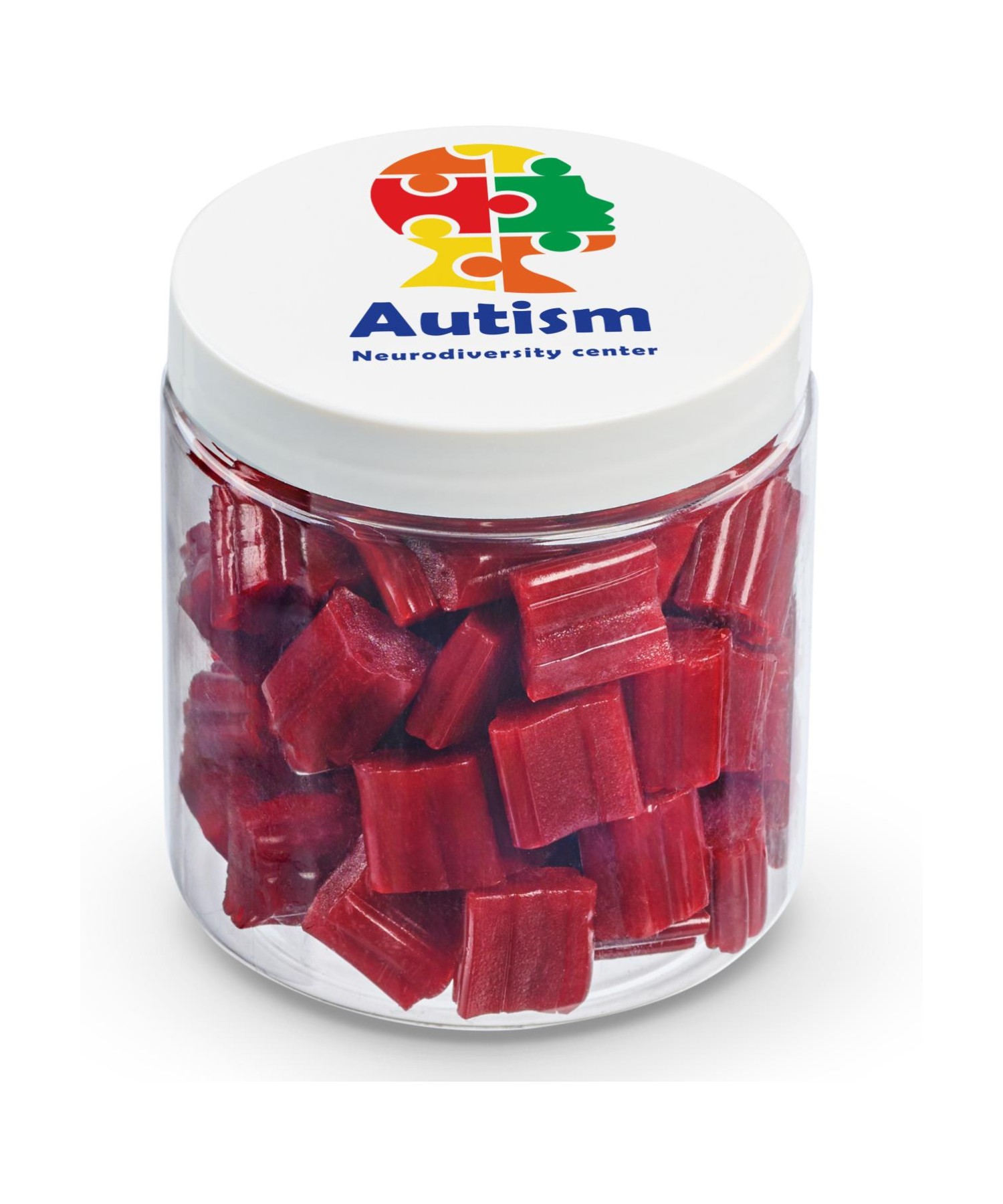 Union Printed - 8 oz clear jar of mini strawberry licorice bites with a full color imprint on the lid