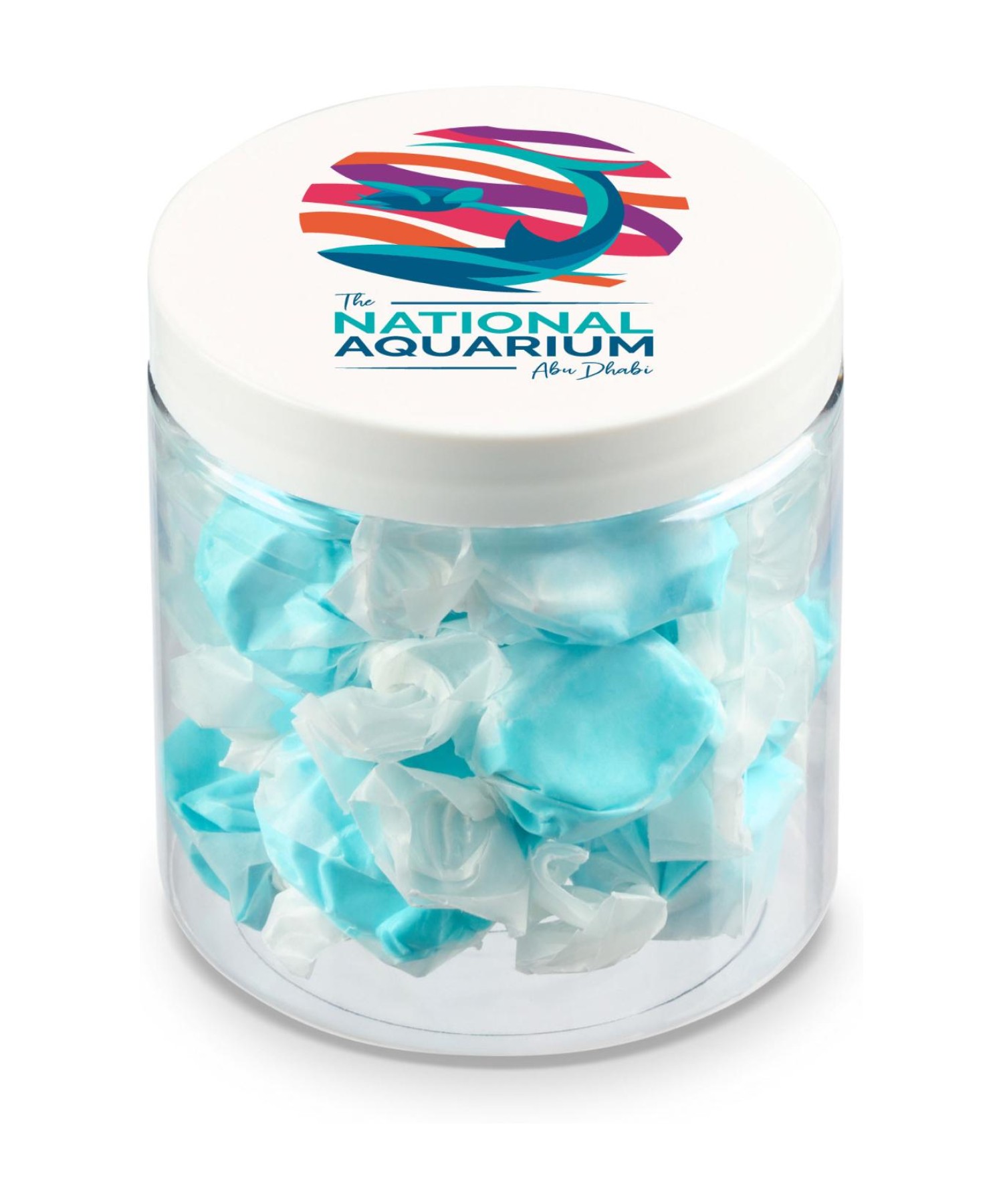 Union Printed - 8 oz clear jar of assorted saltwater taffy with a full color imprint on the lid
