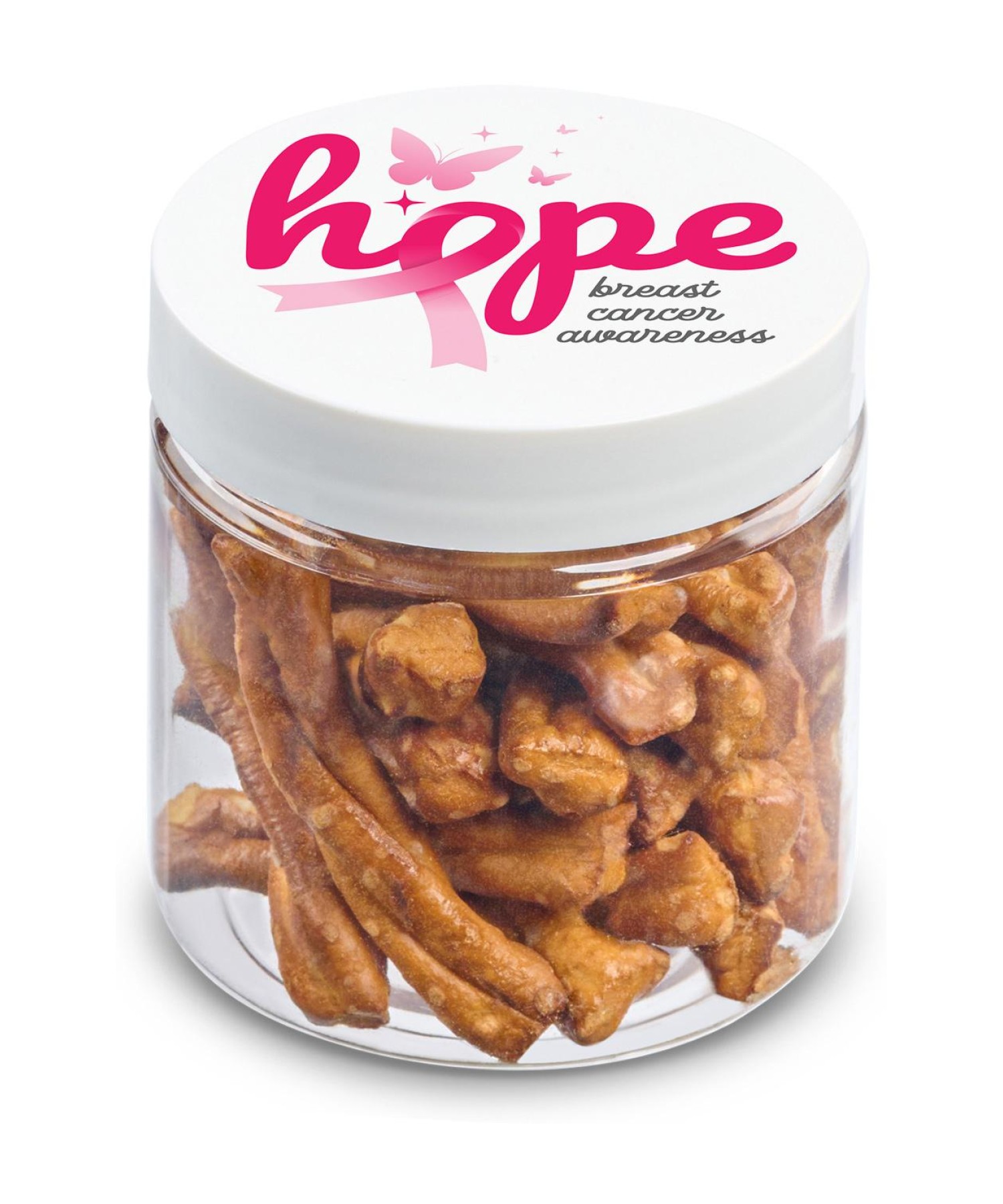 Union Printed - 4 oz clear jar of mini pretzel sticks with a full color imprint on the lid