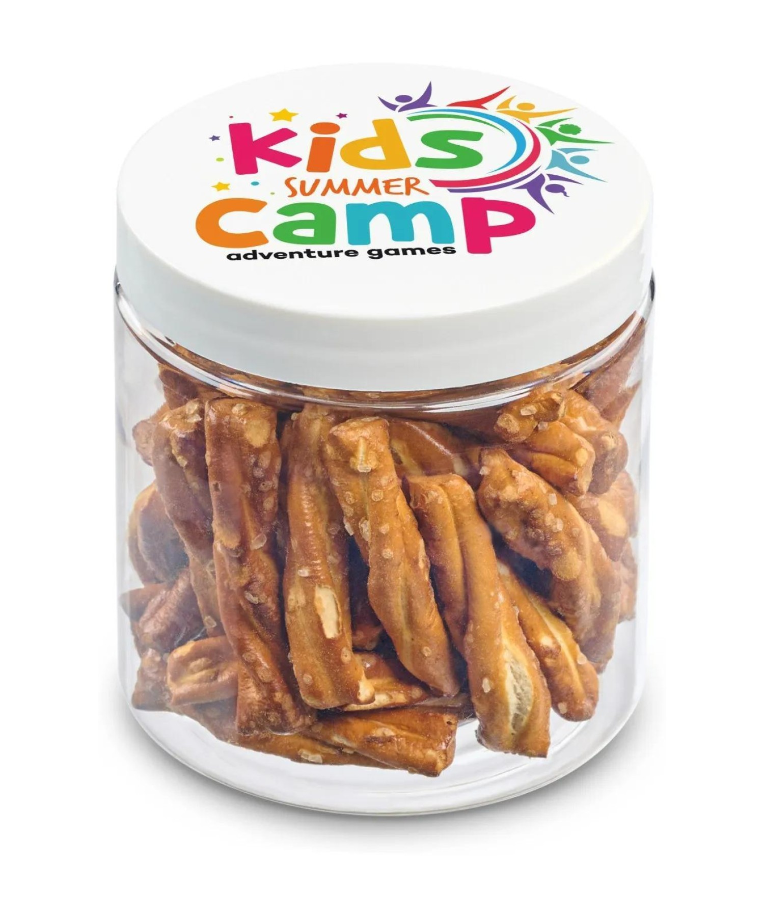 Union Printed - 8 oz clear jar of mini pretzel sticks with a full color imprint on the lid