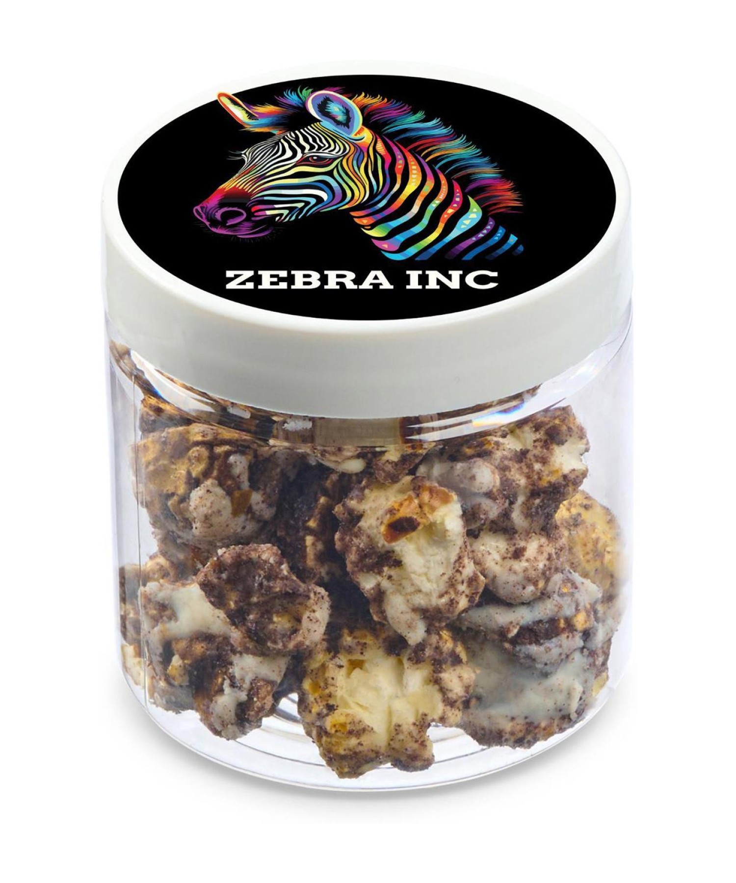 Union Printed - 4 oz jar of Popinsanity artisanal popcorn in caramel, chocolate drizzle or cookie and cream flavors, with a full color imprint on the lid