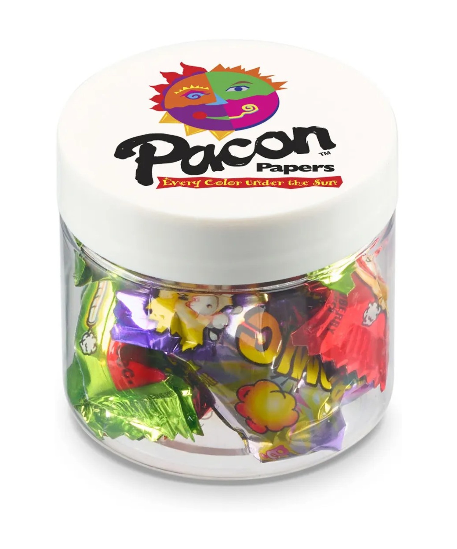 Union Printed - 2 oz clear jar of sour, chewy Atomic Candy in assorted colors with a full color imprint on the lid
