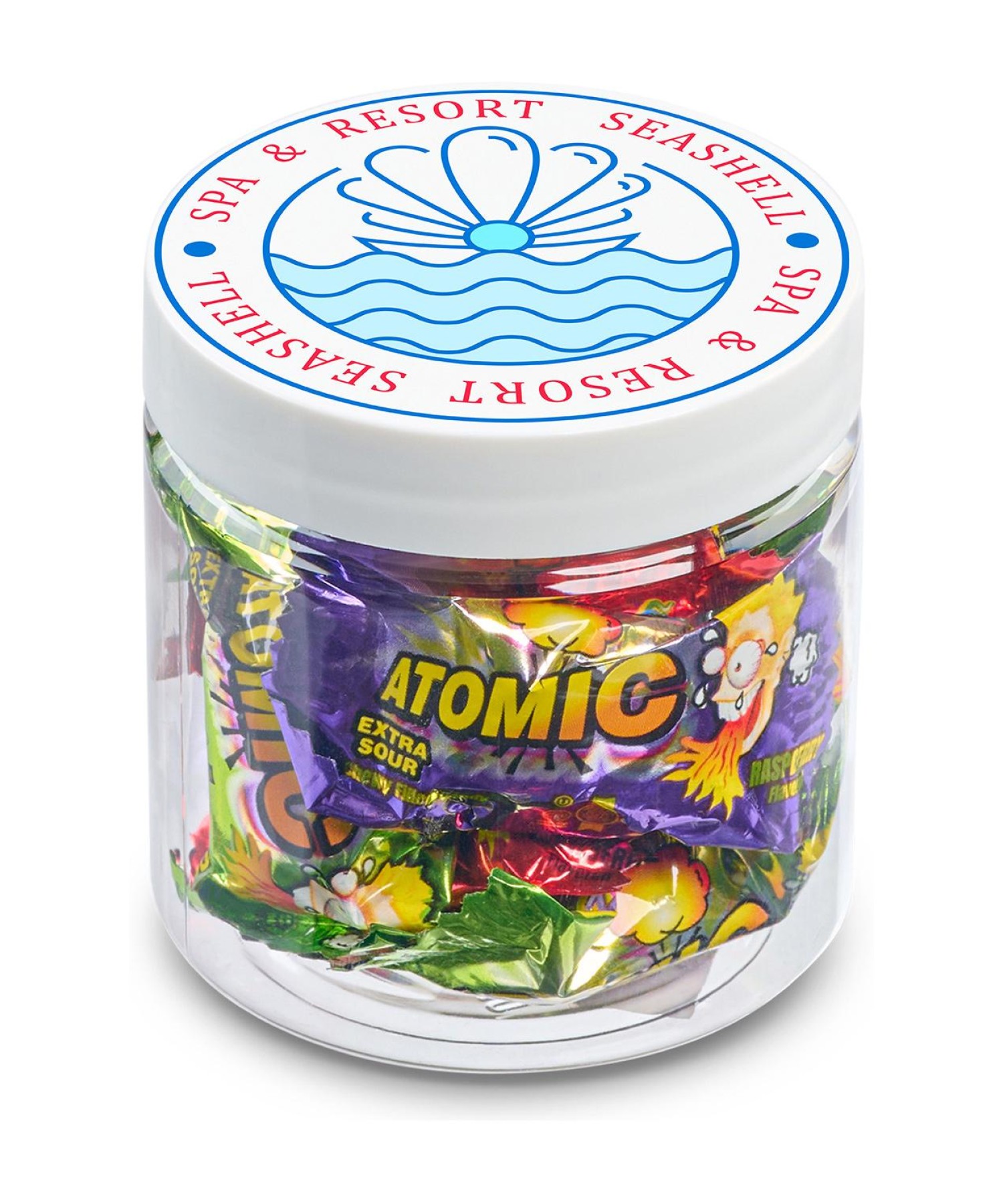 Union Printed - 4 oz clear jar of sour, chewy Atomic Candy in assorted colors, with a full color imprint on the lid