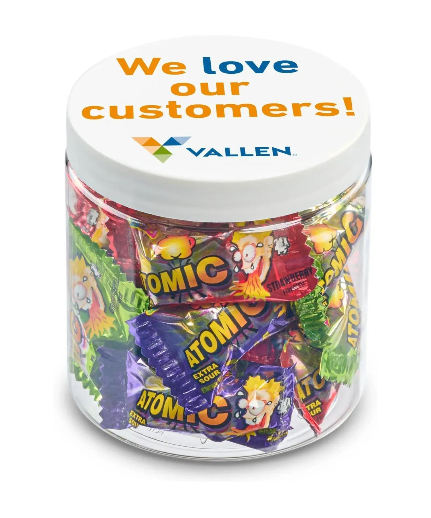 Union Printed - 8 oz jar of individually wrapped Atomic Candy in assorted colors with a full color imprint on the lid