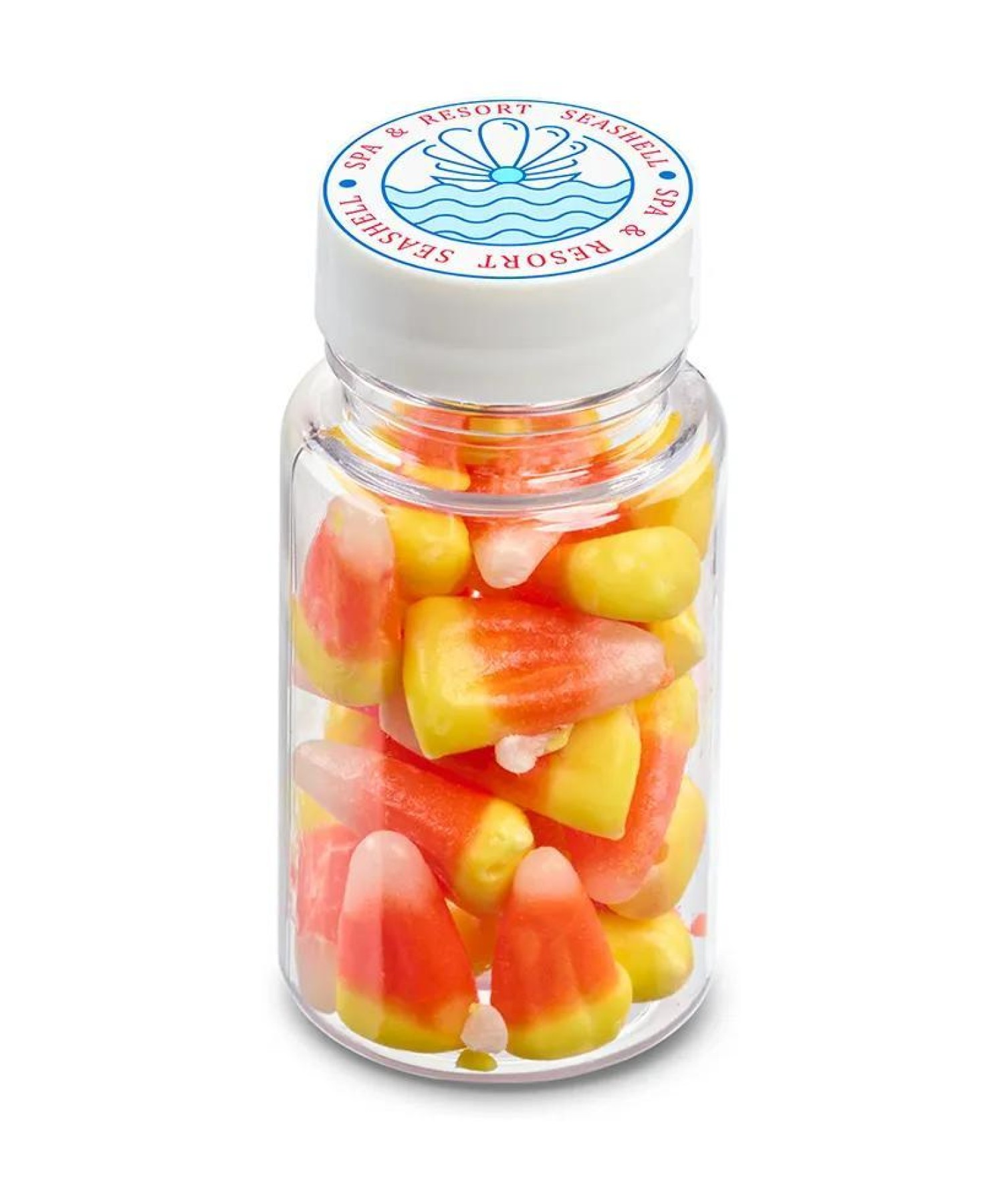 Union Printed - 1.3 oz clear bottle of candy corn with a full color logo on the lid, a portable seasonal treat