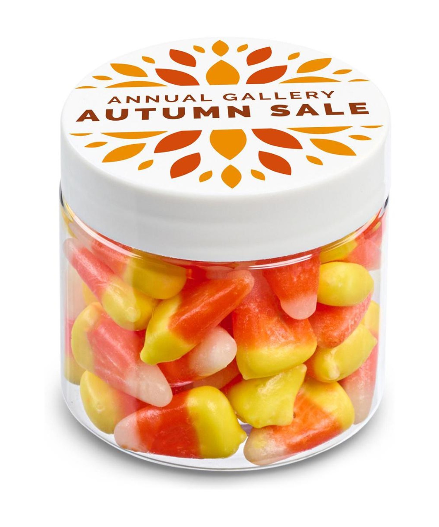 Union Printed - 2 oz clear jar of colorful candy corn with your full color logo on the lid, a nostalgic seasonal giveaway