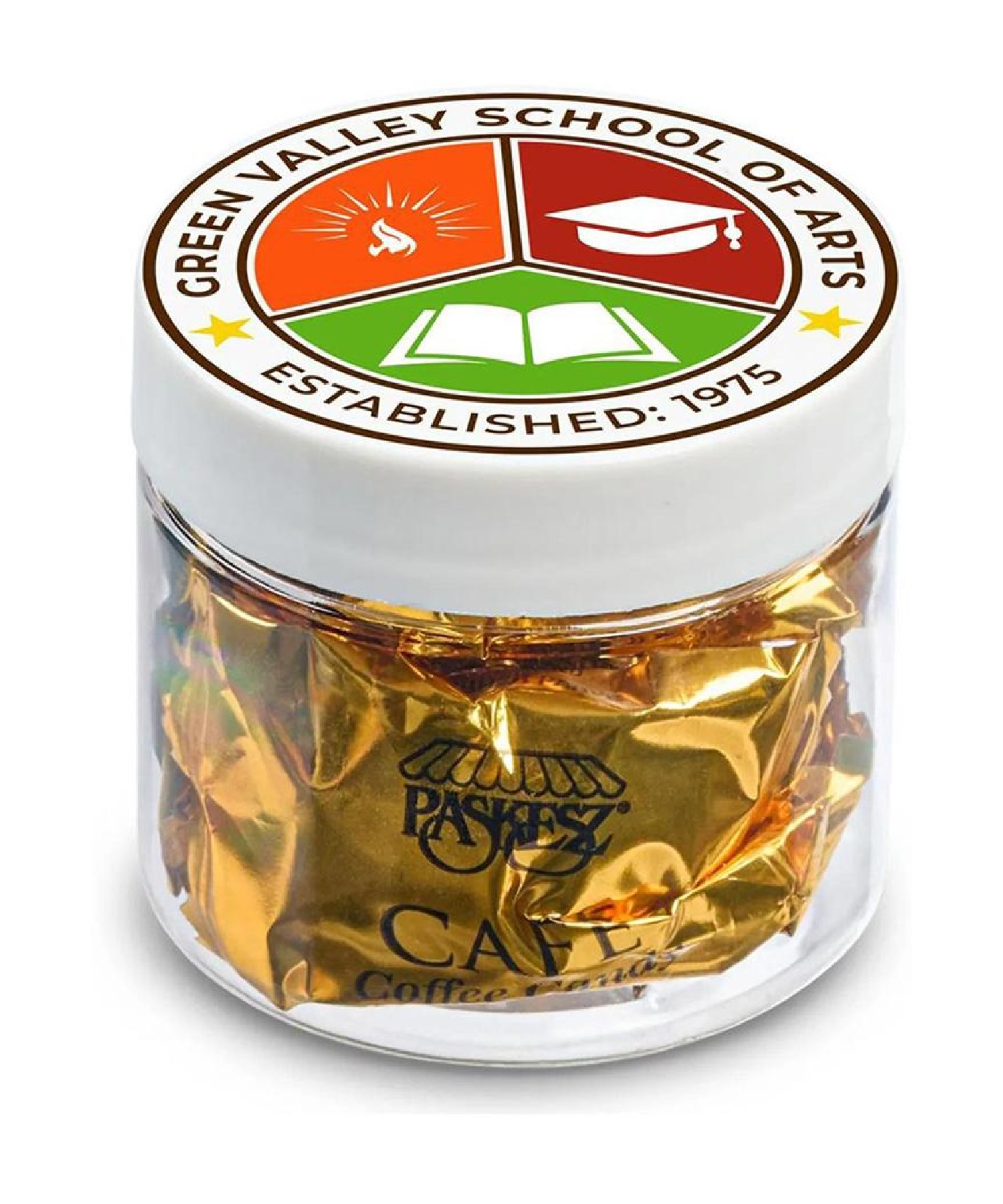 Union Printed - 2 oz jar of individually wrapped coffee flavored candy with a full color imprint on the lid