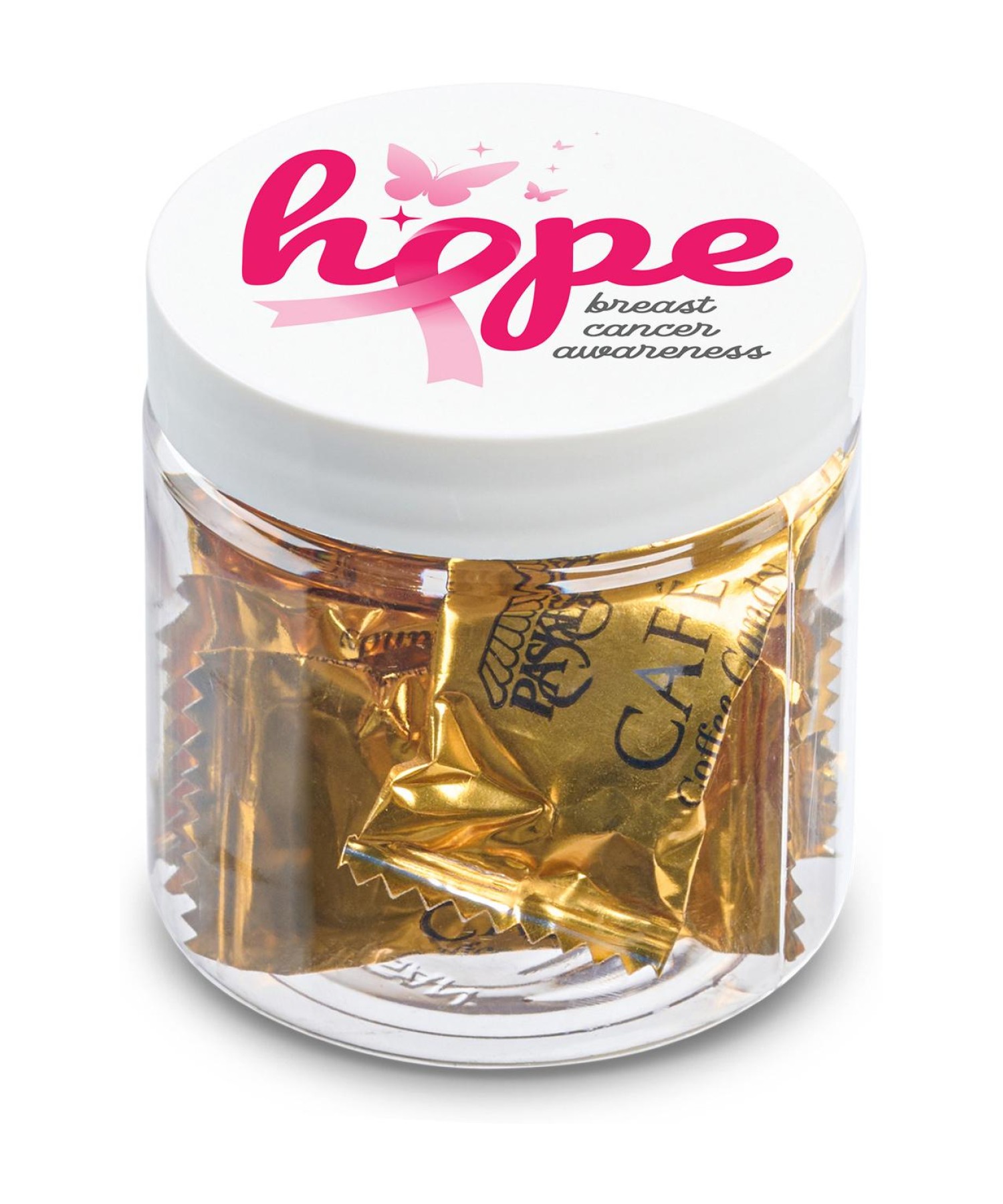 Union Printed - 4 oz jar of individually wrapped coffee flavored candy, a smooth treat with a full color imprint on the lid