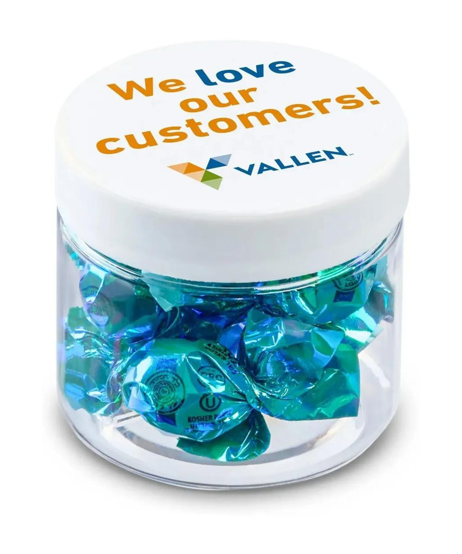 Union Printed - 2 oz jar of individually wrapped Fantasy Candy in foil, in blue, gold, pink or silver, with a full color lid imprint