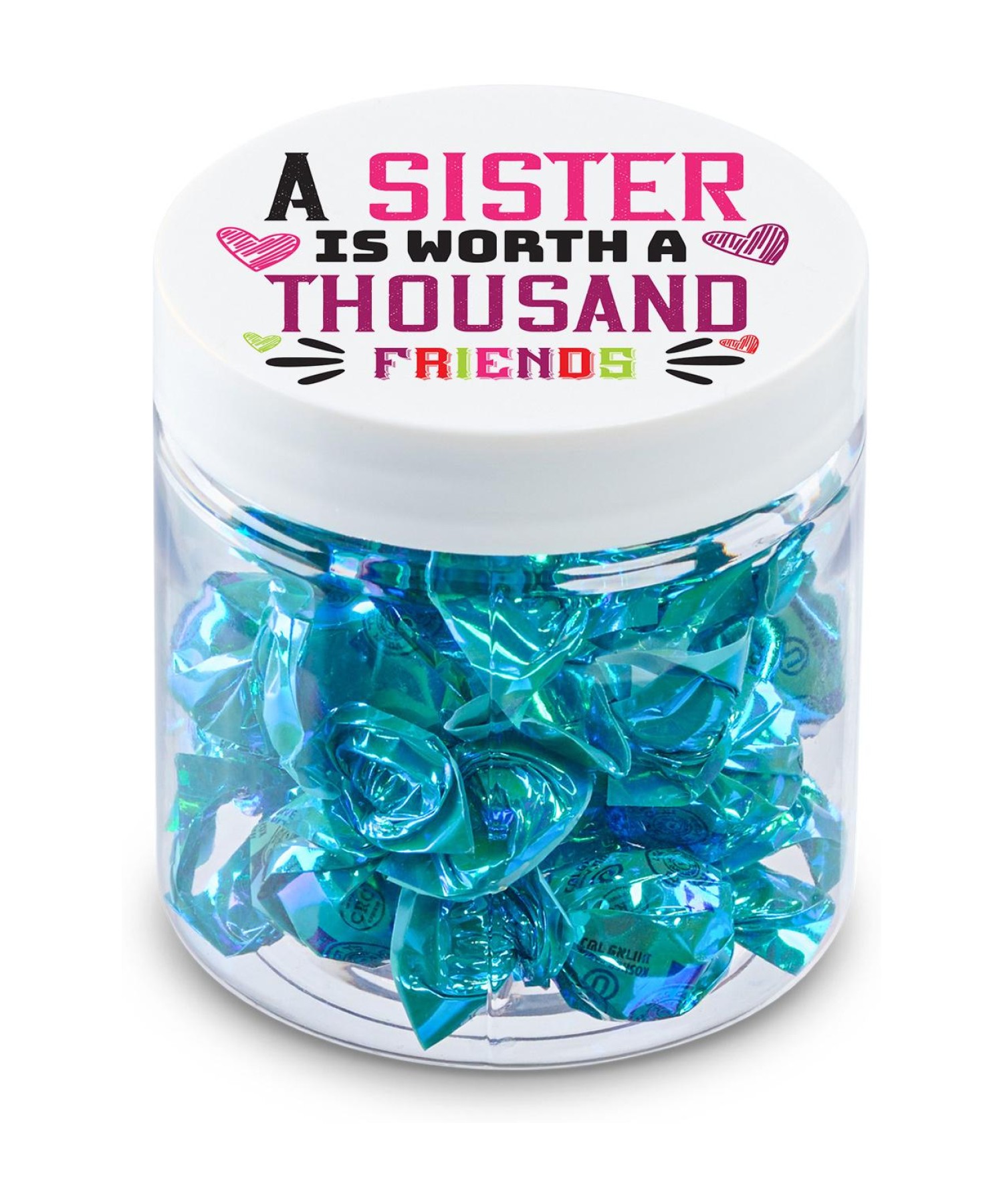 Union Printed - 4 oz jar of foil-wrapped Fantasy Candy in blue, gold, pink or silver with your full color logo on the lid