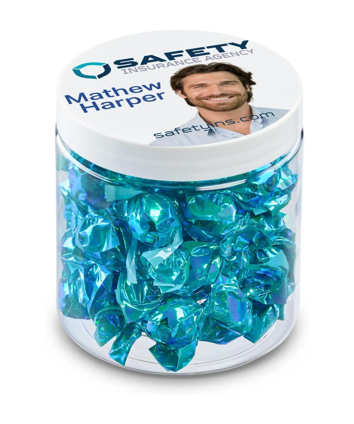 Union Printed - 8 oz jar of individually wrapped metallic foil Fantasy Candy with a full color imprint on the lid