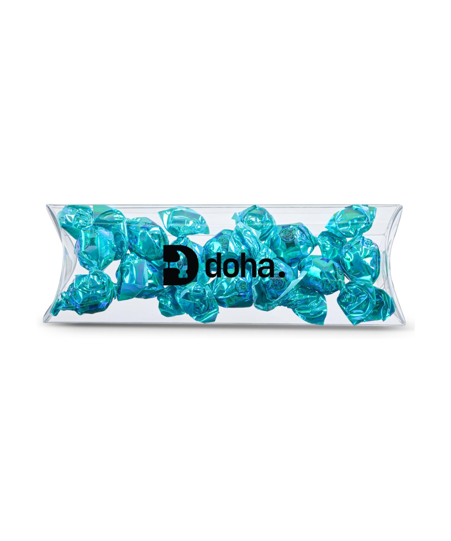 Union Printed - 5" clear pillow box of foil-wrapped Fantasy Candy with your full color logo printed on the front