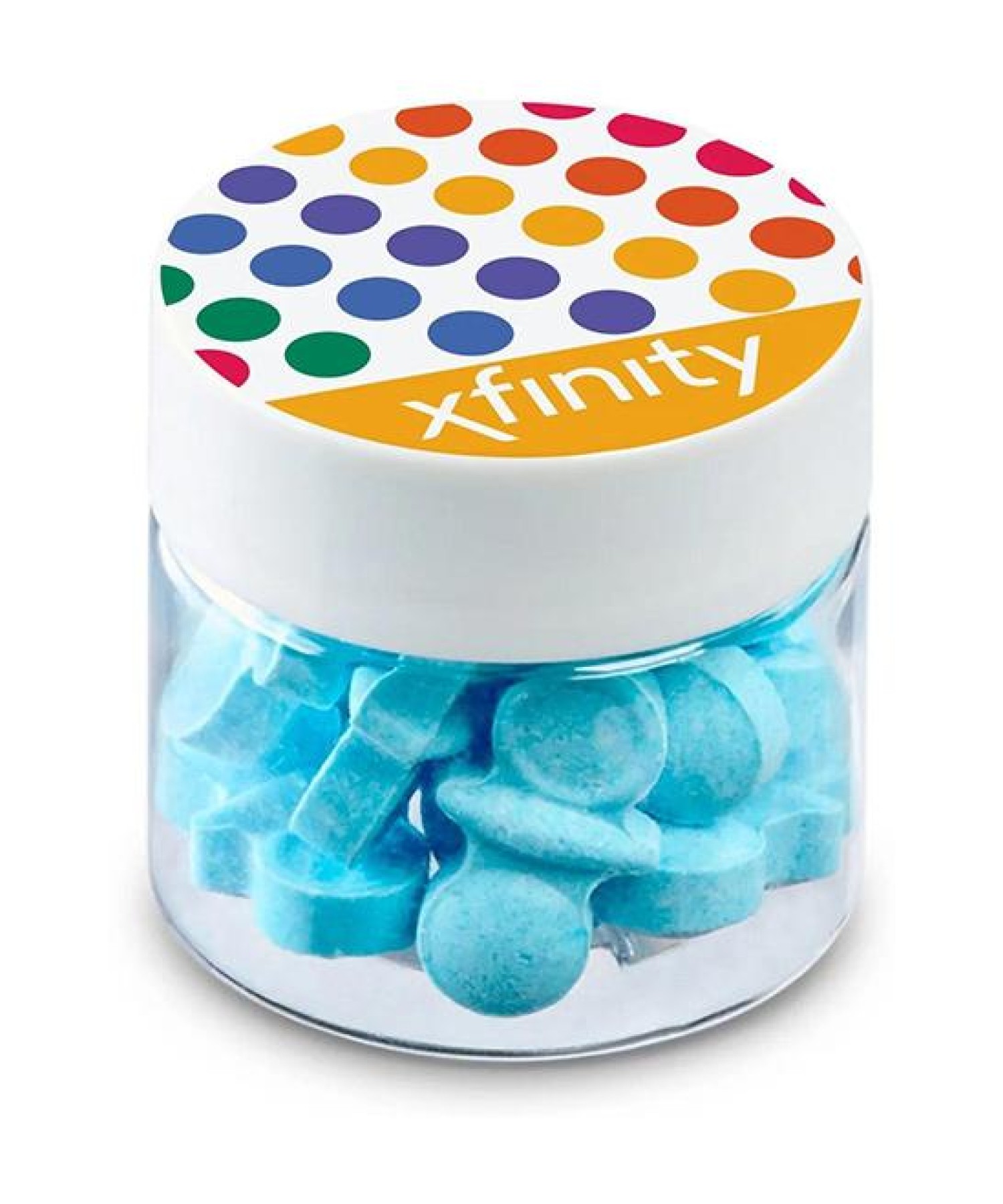 Union Printed - 1/2 oz mini jar of pacifier-shaped candy in light blue or pink, ideal for baby showers, with a full color lid imprint