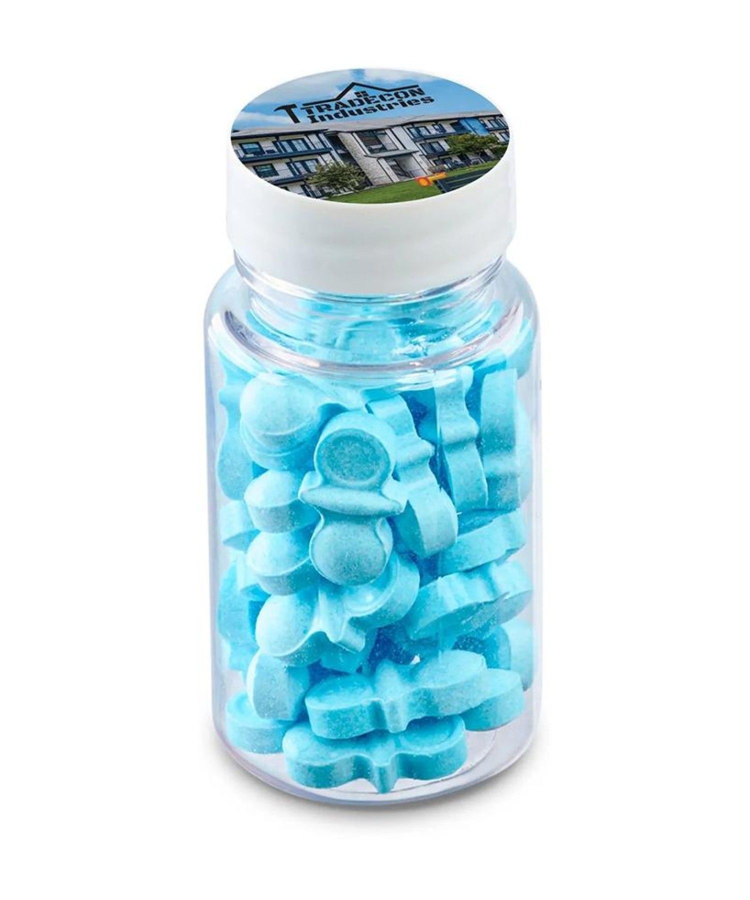 Union Printed - 1.3 oz clear bottle of pacifier-shaped candy in light blue or pink with a full color logo on the lid