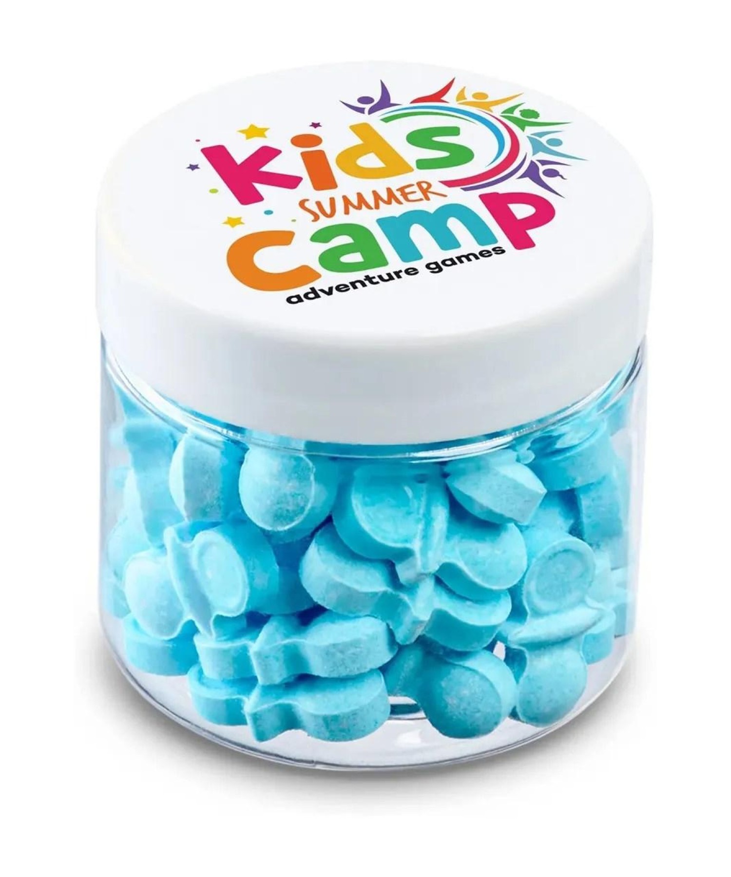 Union Printed - 2 oz jar of pacifier-shaped candy in light blue or pink, with a full color imprint on the lid