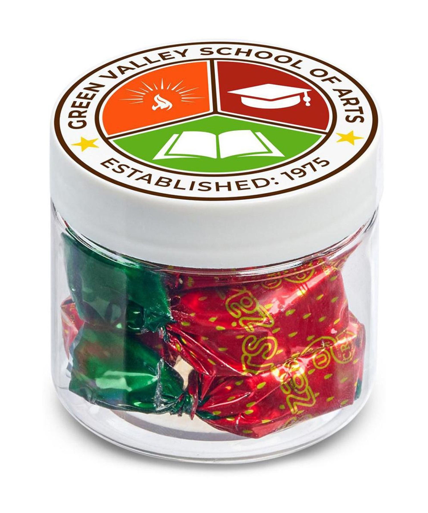 Union Printed - 2 oz jar of individually wrapped strawberry filled hard candy with a full color imprint on the lid