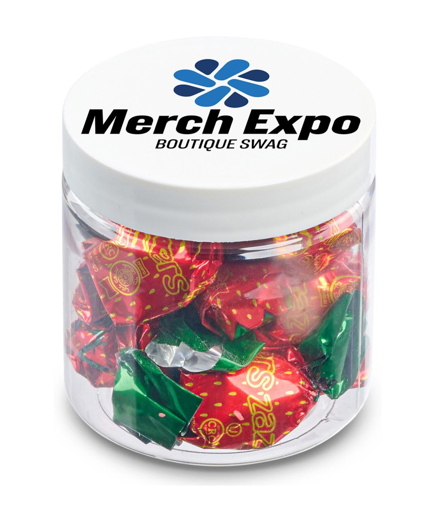 Union Printed - 4 oz jar of individually wrapped strawberry filled hard candy, smooth shell and fruity center, full color lid imprint