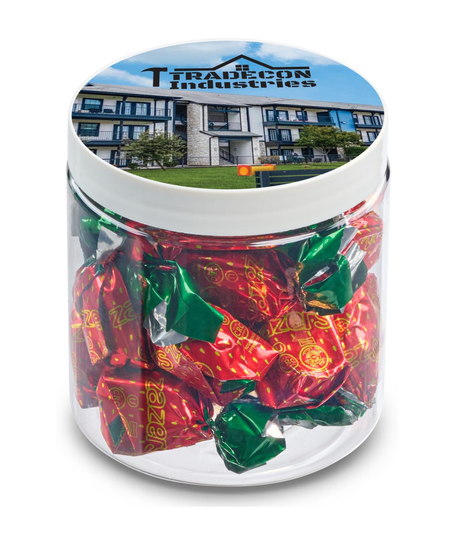 Union Printed - 8 oz jar of individually wrapped strawberry filled hard candy with a full color imprint on the lid