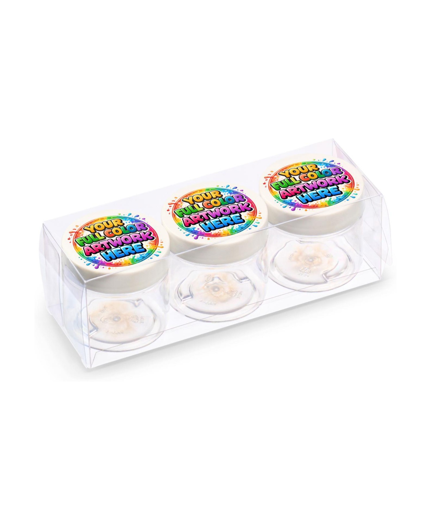 Union Printed - Clear PET packaging box that holds three 2 oz jars with jar insertion and full color printing; jars sold separately