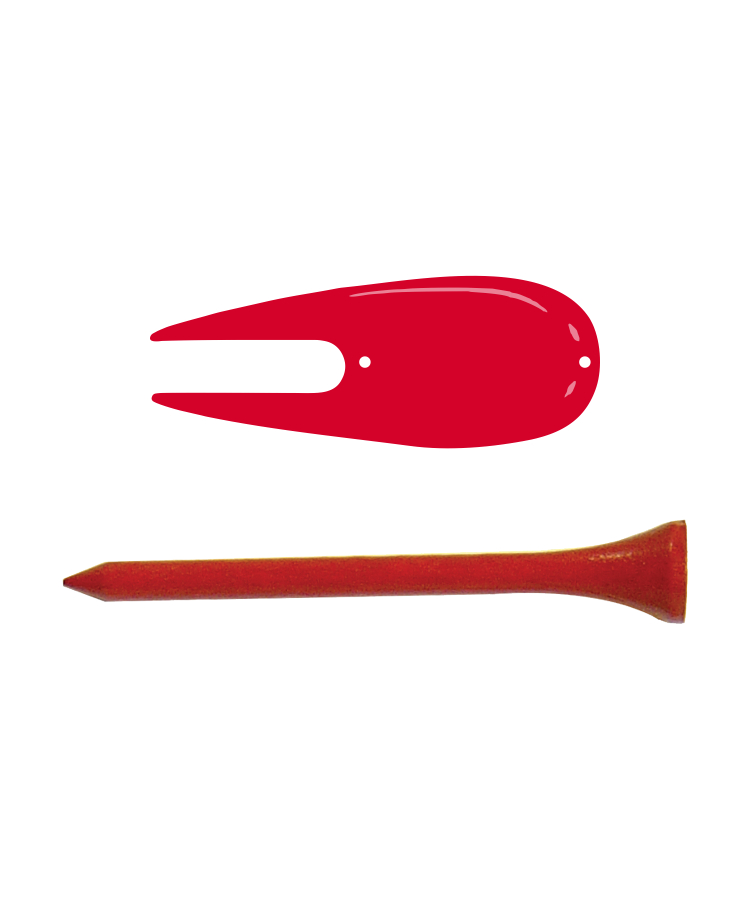 Golf Tee Pack - 4 x Wooden Golf Tees & 1 Divot Repair Tool — Divot: Red - Tee: Red