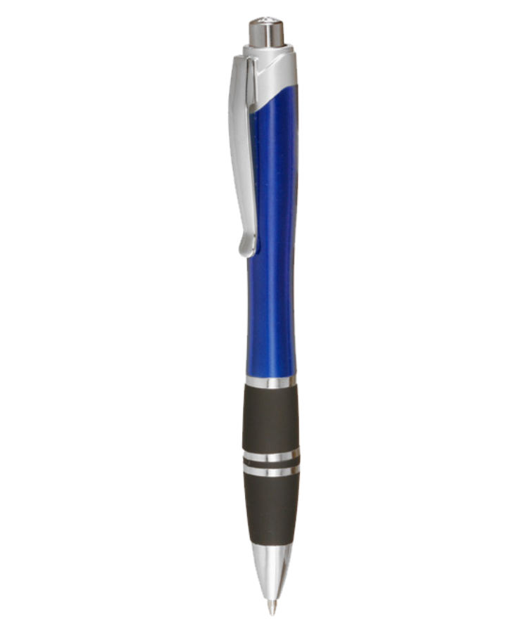 Silver click pen with comfortable rubber grip and silver accents. Available in black, blue, green, purple, red, or silver. — Blue